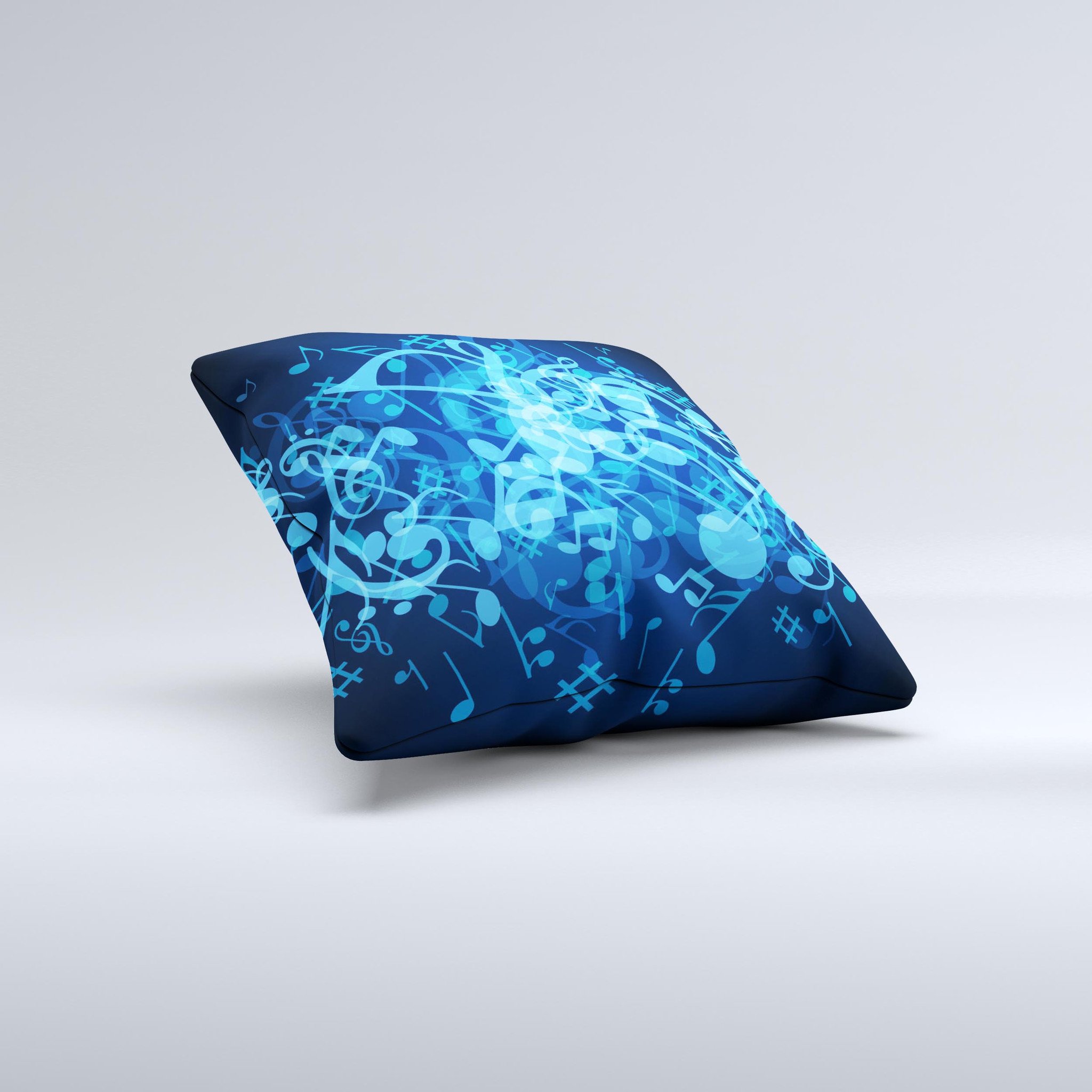 A decorative throw pillow featuring glowing blue music notes on a soft fabric, handcrafted in Virginia.