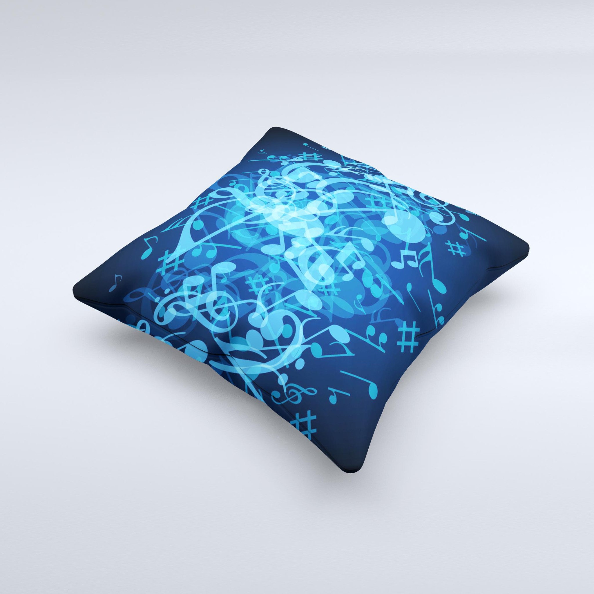 A decorative throw pillow featuring glowing blue music notes on a soft fabric, handcrafted in Virginia.