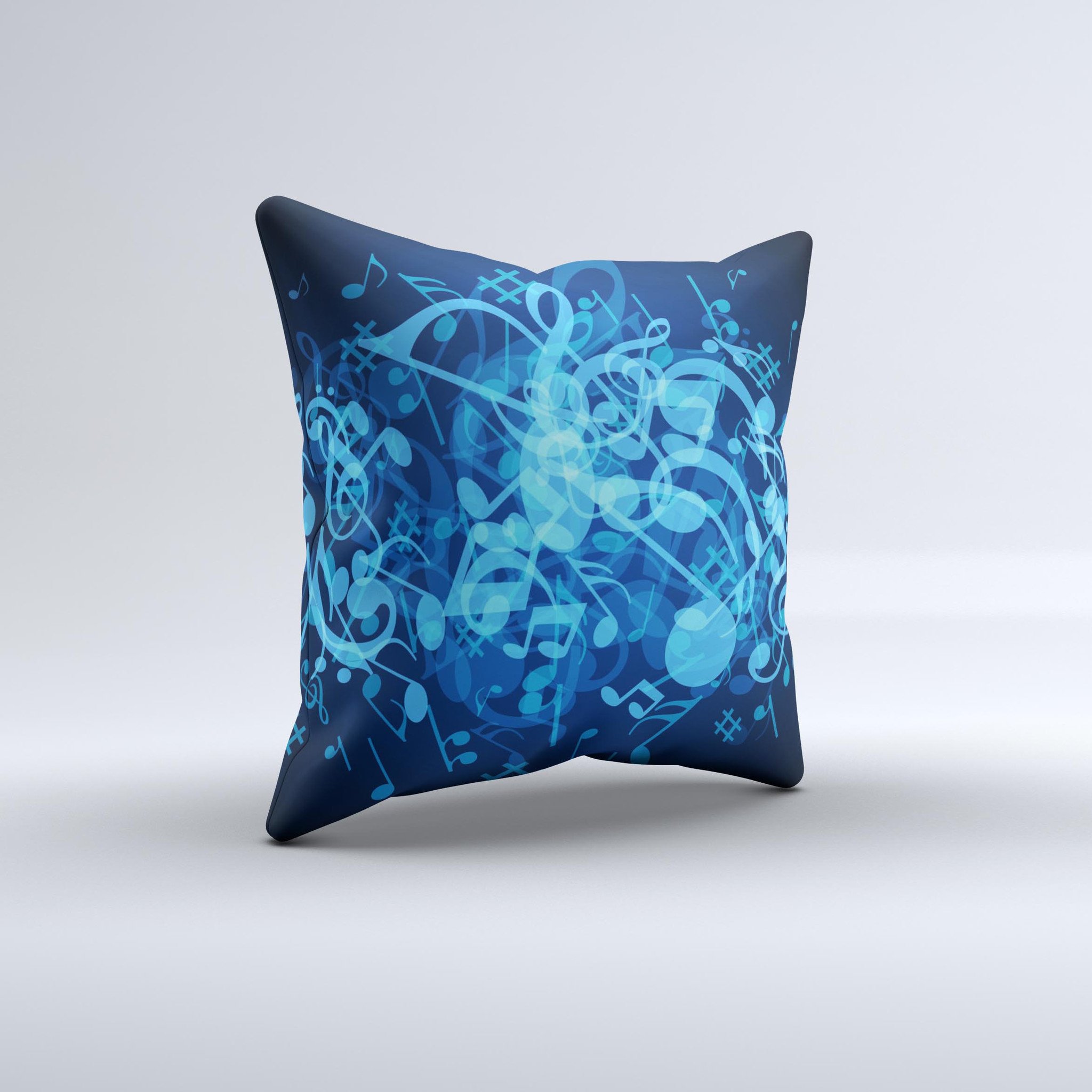 A decorative throw pillow featuring glowing blue music notes on a soft fabric, handcrafted in Virginia.