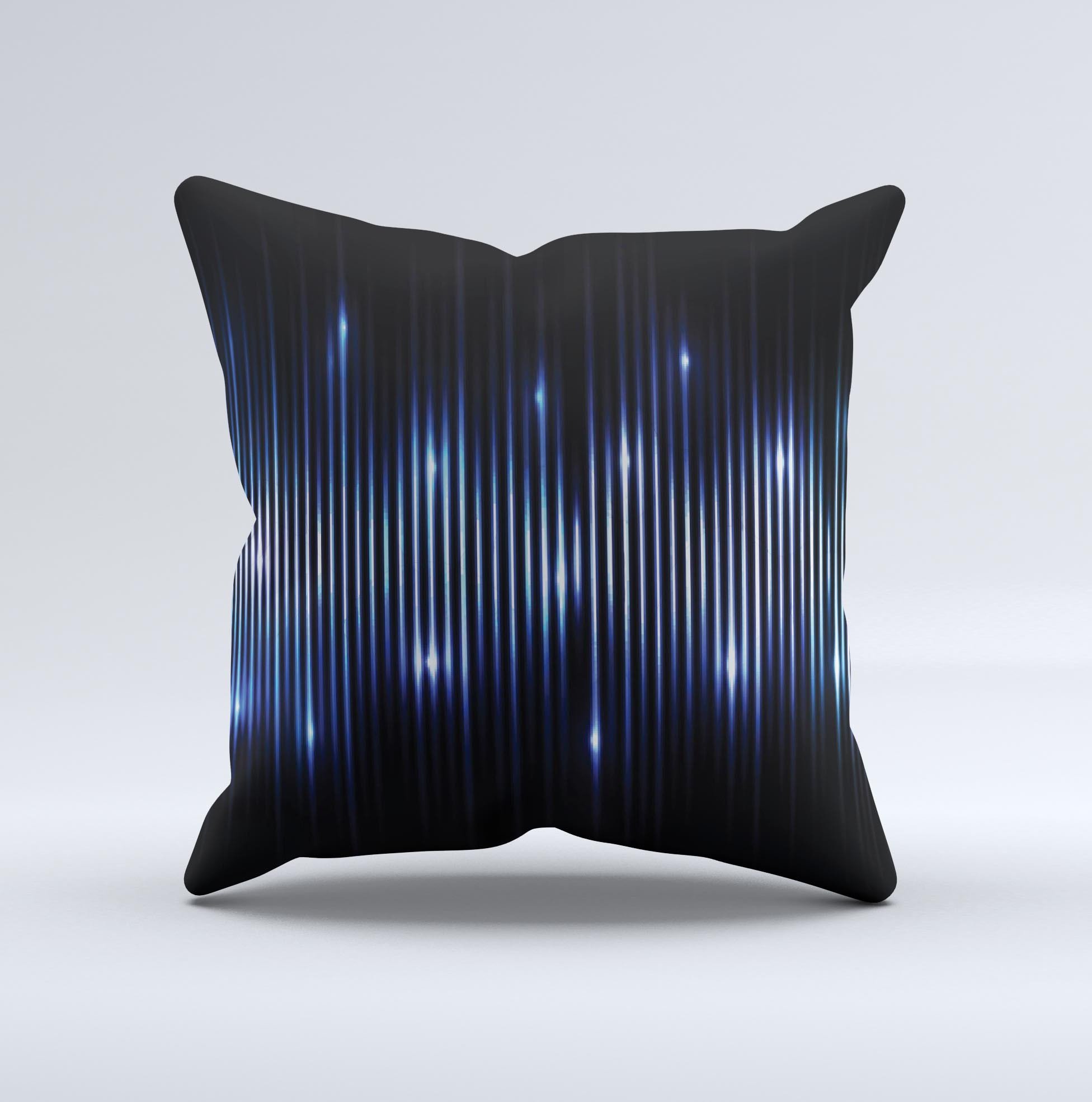 Glowing Blue WaveLengths ink-Fuzed Decorative Throw Pillow showcasing vibrant blue wave patterns on a soft fabric.