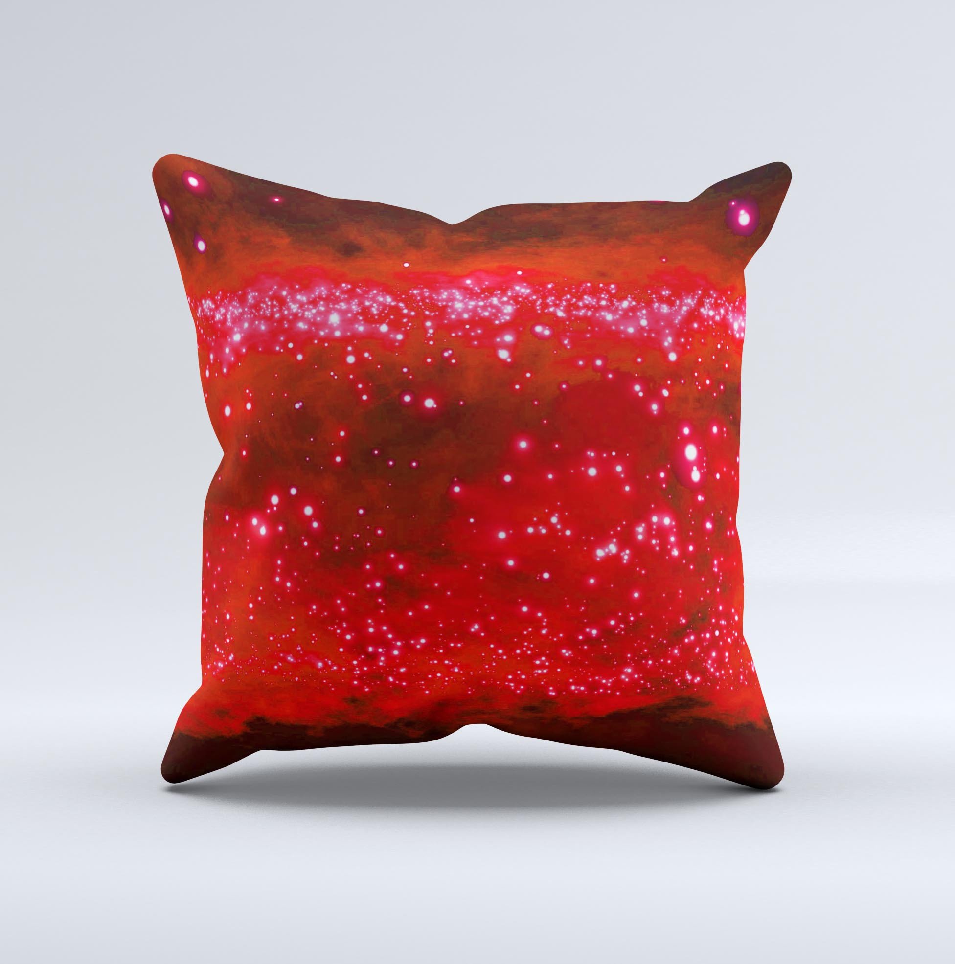 A vibrant decorative throw pillow featuring glowing bright red orbs of light, handcrafted in Virginia with high-quality fabric and unique design.