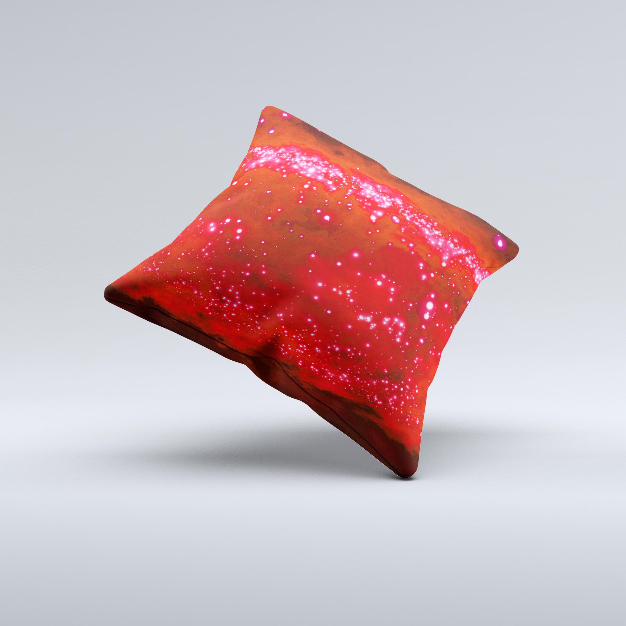 A vibrant decorative throw pillow featuring glowing bright red orbs of light, handcrafted in Virginia with high-quality fabric and unique design.