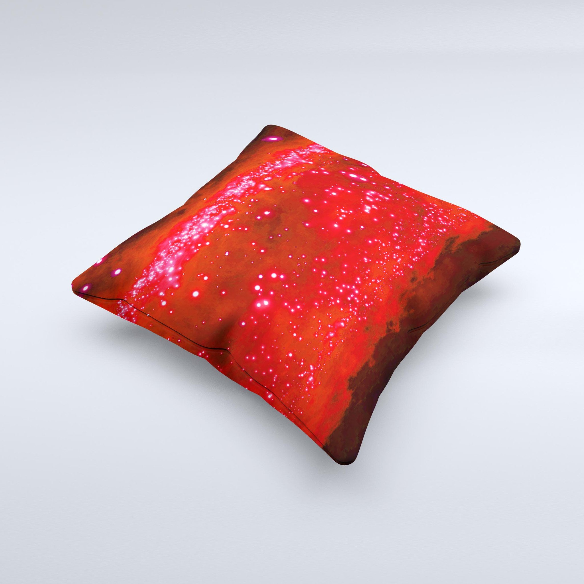 A vibrant decorative throw pillow featuring glowing bright red orbs of light, handcrafted in Virginia with high-quality fabric and unique design.