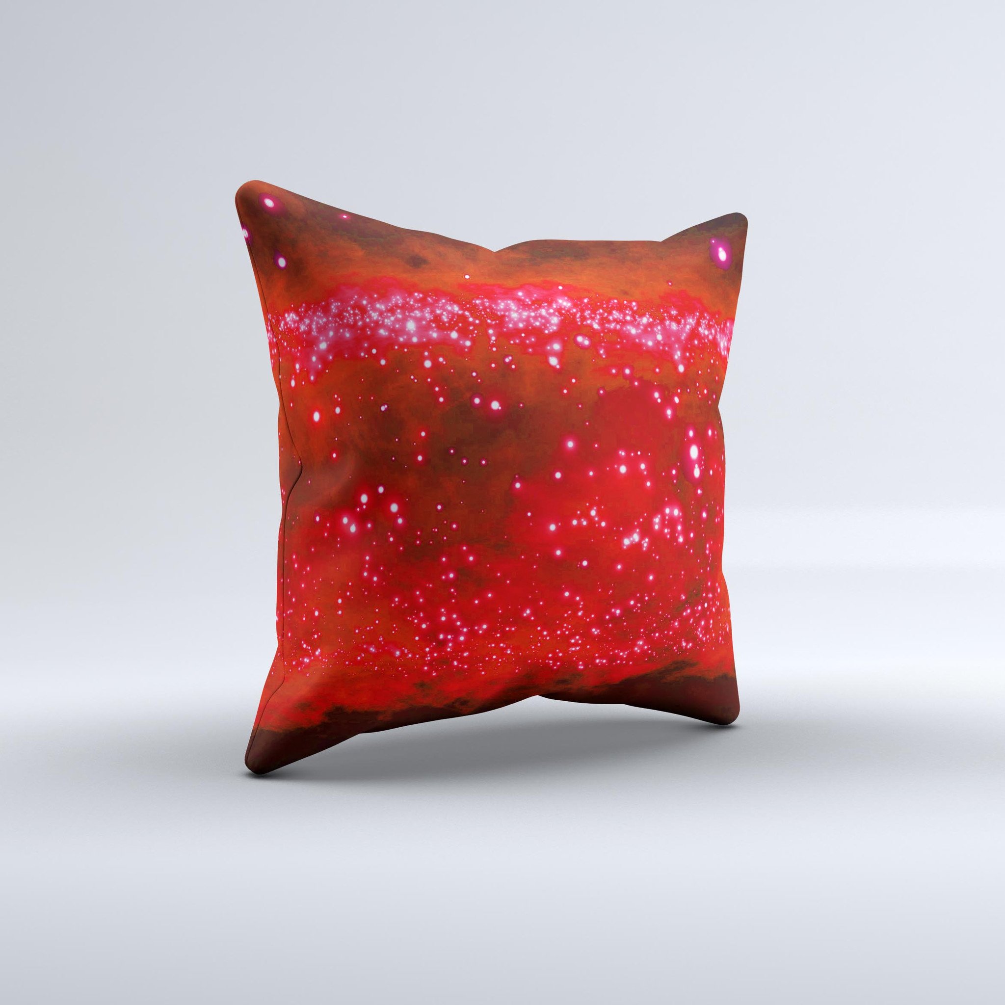 A vibrant decorative throw pillow featuring glowing bright red orbs of light, handcrafted in Virginia with high-quality fabric and unique design.