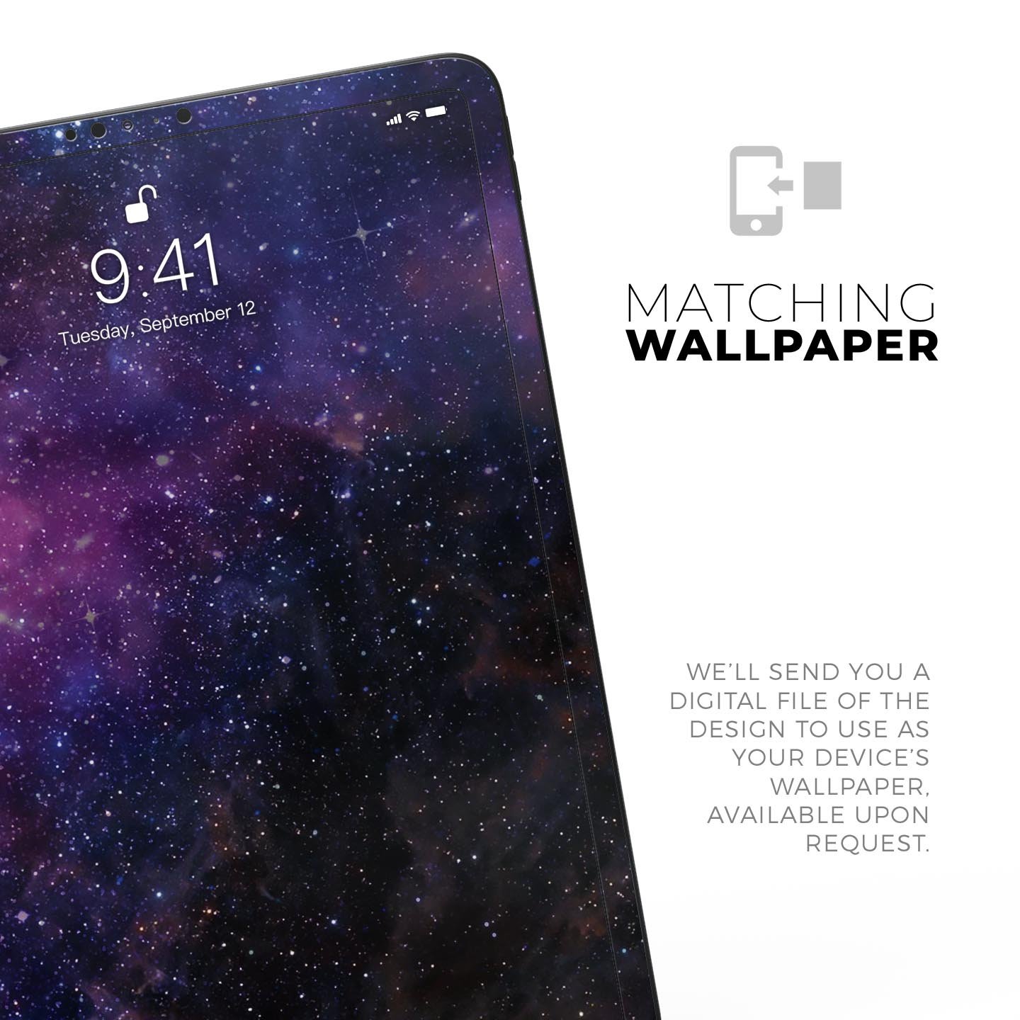 Glowing Deep Space skin decal for Apple iPad Pro, showcasing vibrant cosmic design and ultra-thin protection.