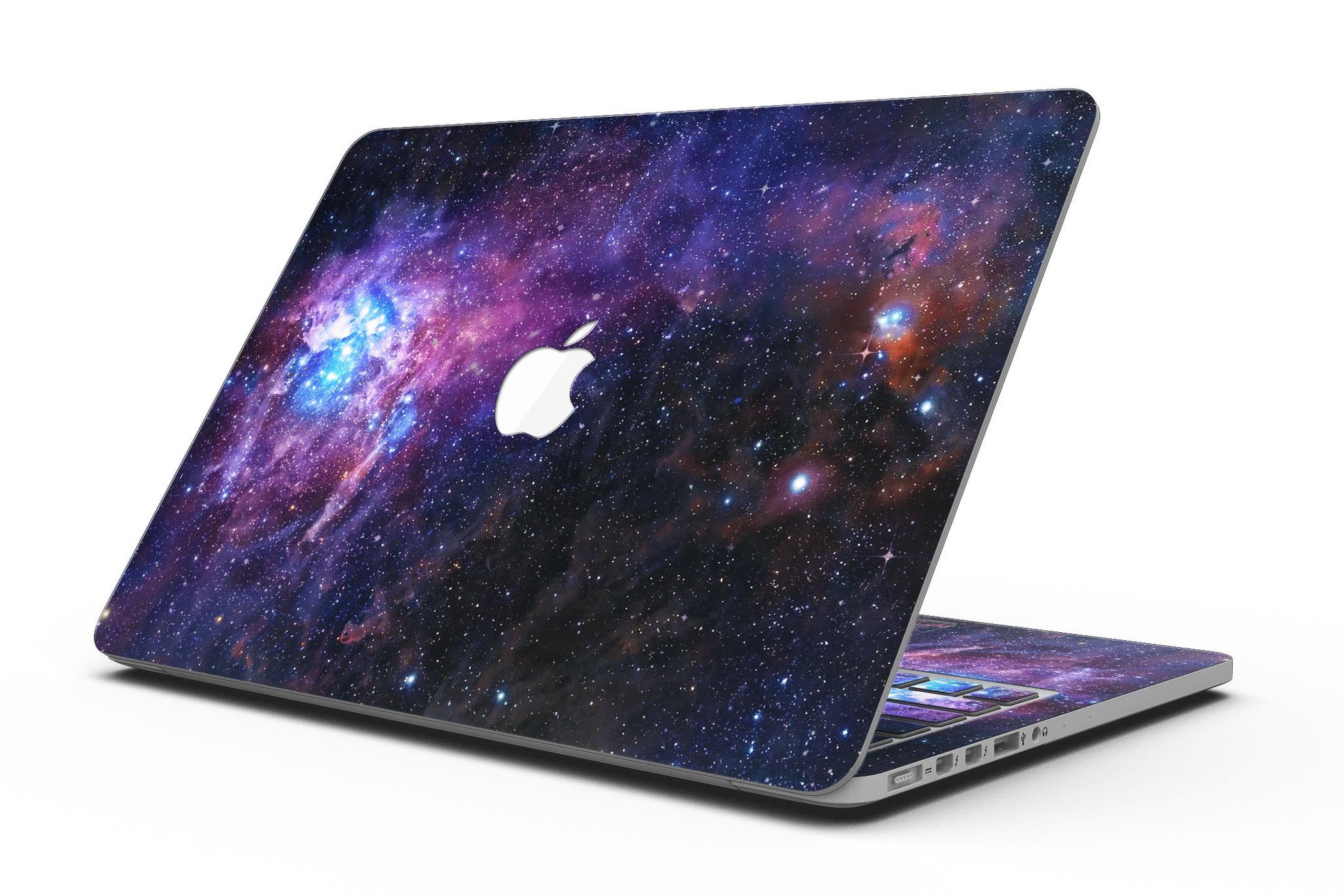 Glowing Deep Space skin applied to a MacBook Pro with Retina Display, showcasing its vibrant design and full coverage.