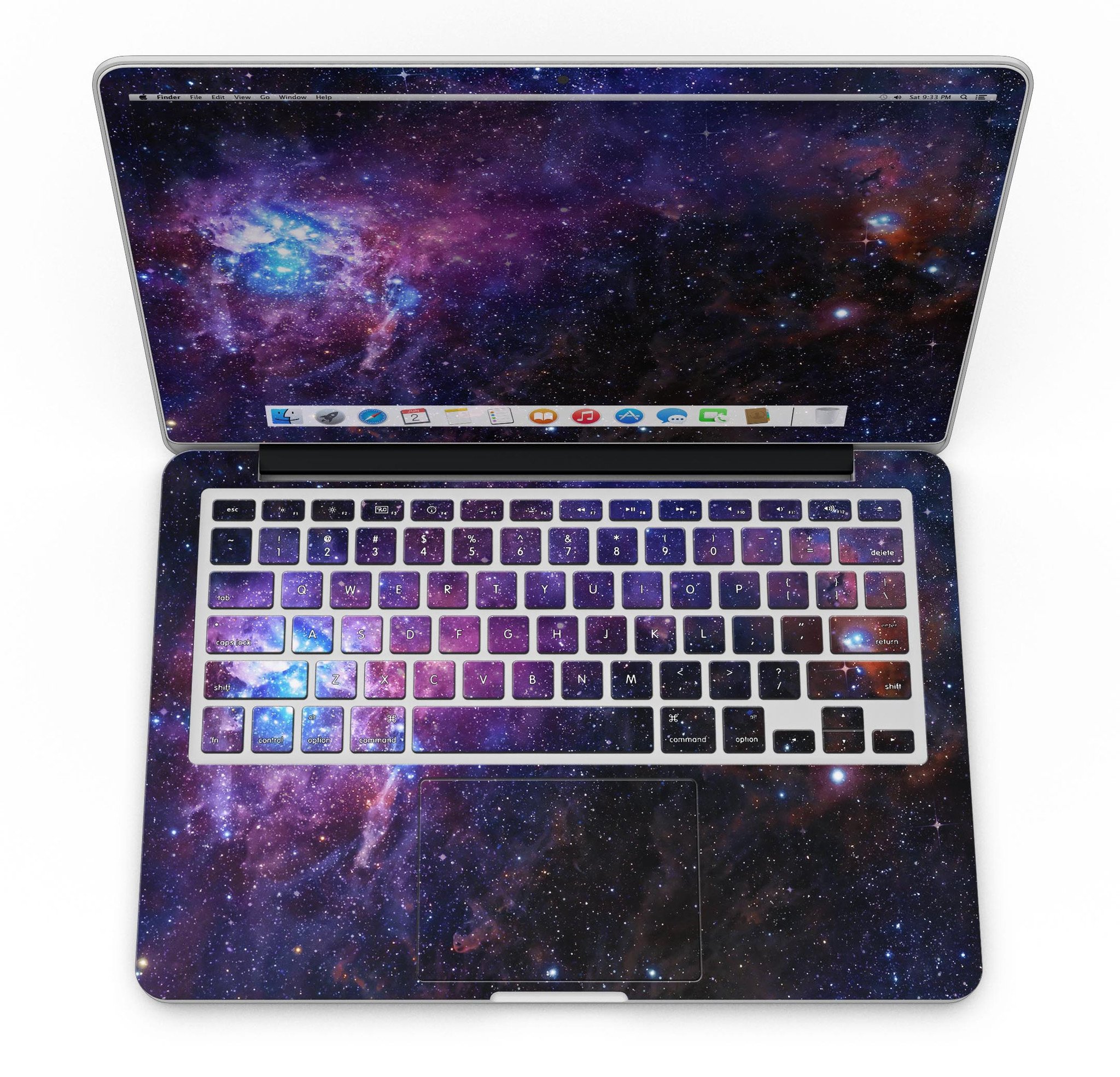 Glowing Deep Space skin applied to a MacBook Pro with Retina Display, showcasing its vibrant design and full coverage.