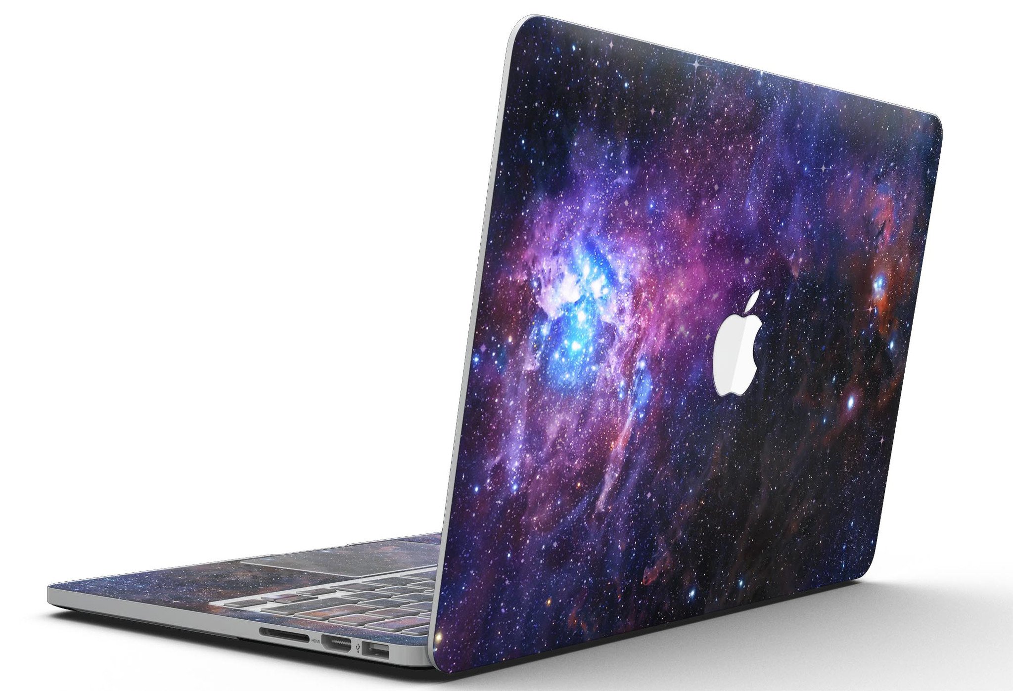 Glowing Deep Space skin applied to a MacBook Pro with Retina Display, showcasing its vibrant design and full coverage.