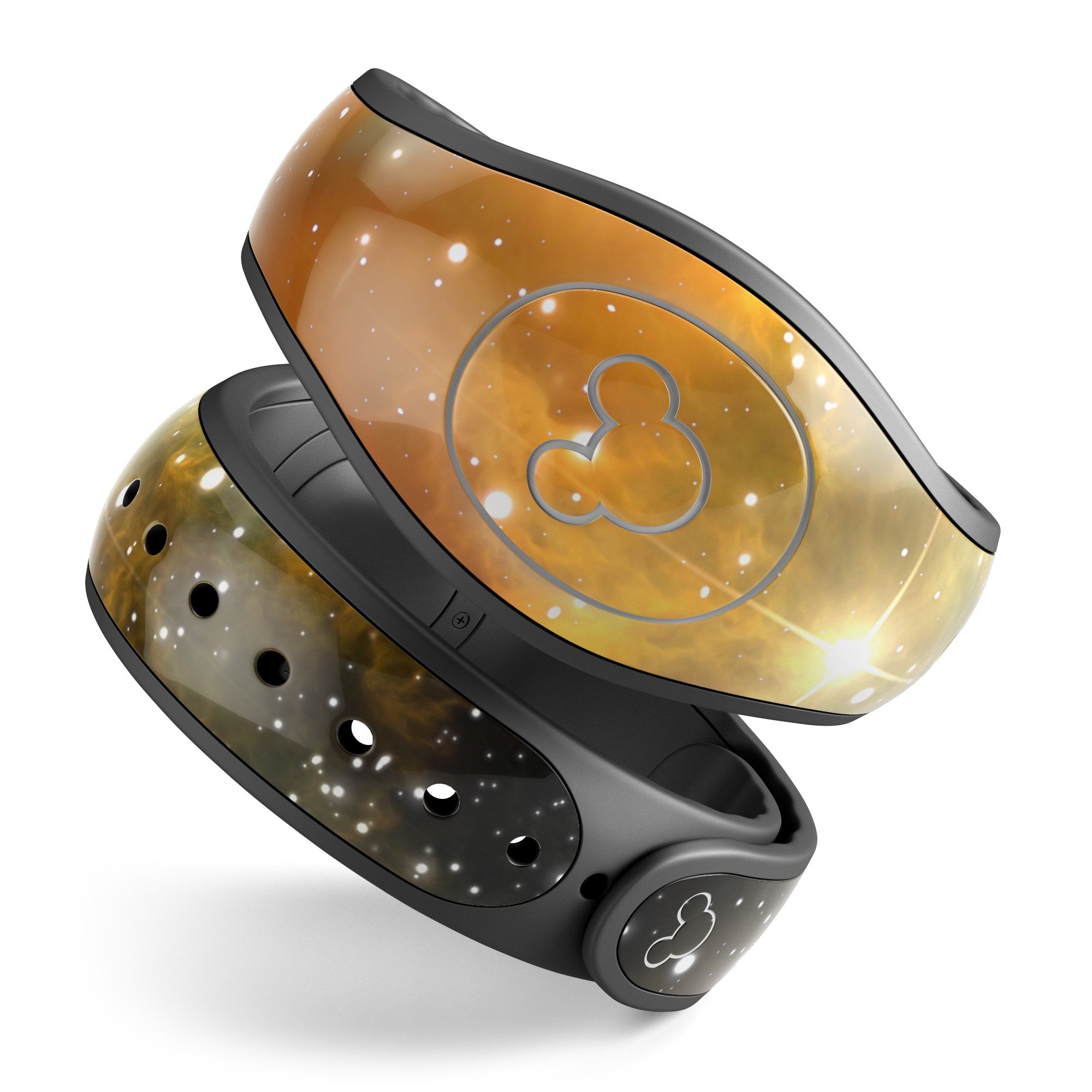 Glowing Gold & Black Nebula decal skin wrap kit for Disney Magic Band, showcasing a vibrant and stylish design.