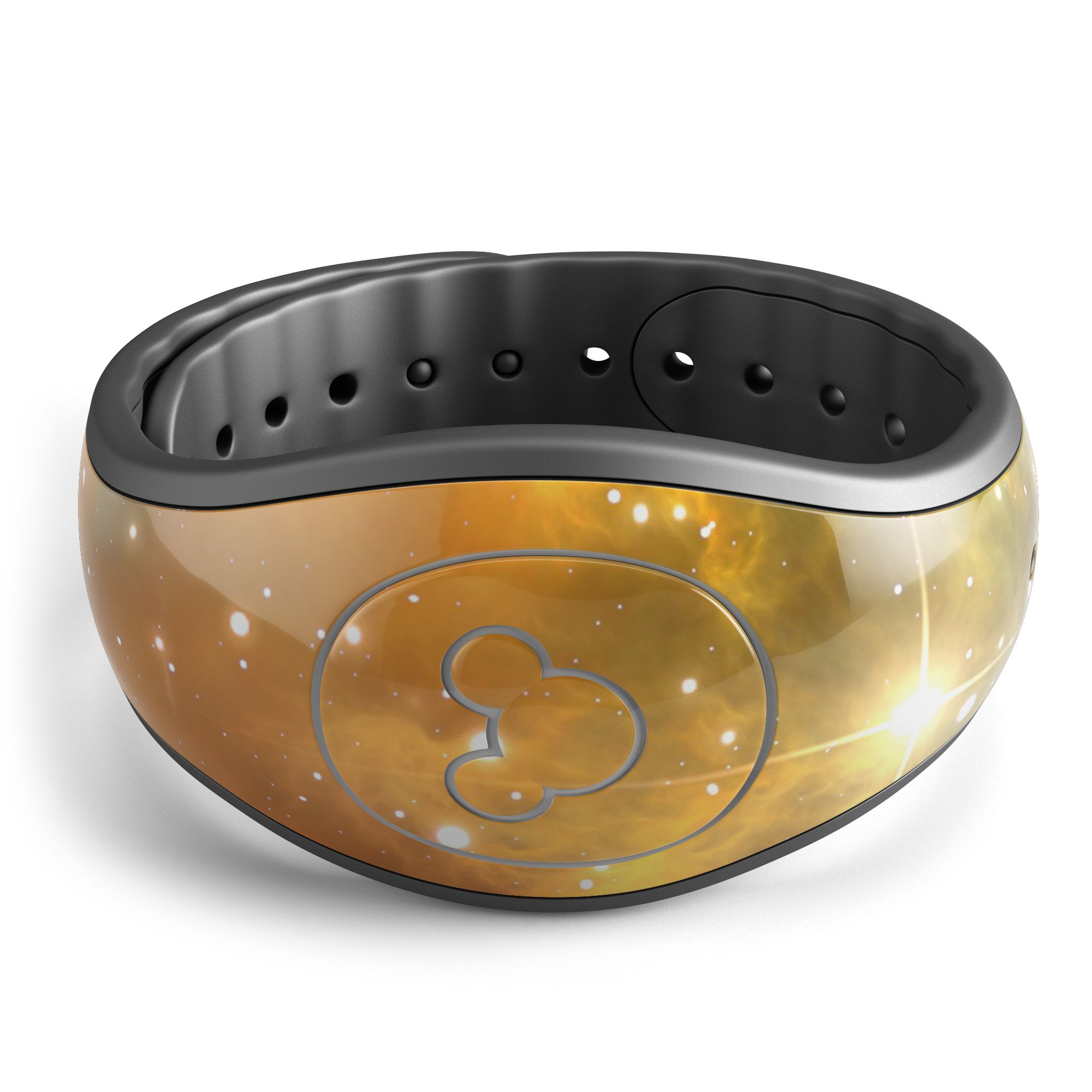 Glowing Gold & Black Nebula decal skin wrap kit for Disney Magic Band, showcasing a vibrant and stylish design.