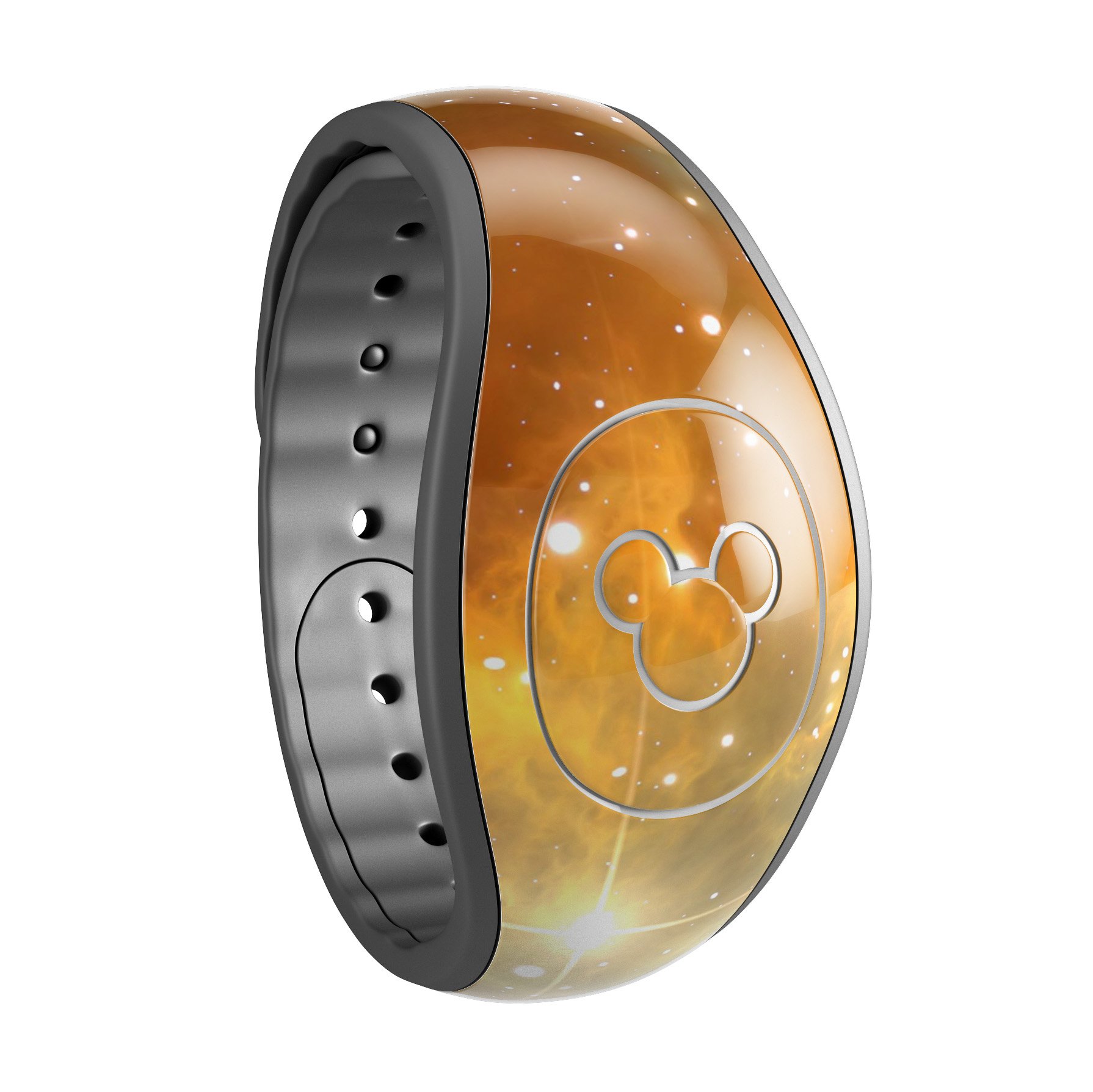 Glowing Gold & Black Nebula decal skin wrap kit for Disney Magic Band, showcasing a vibrant and stylish design.