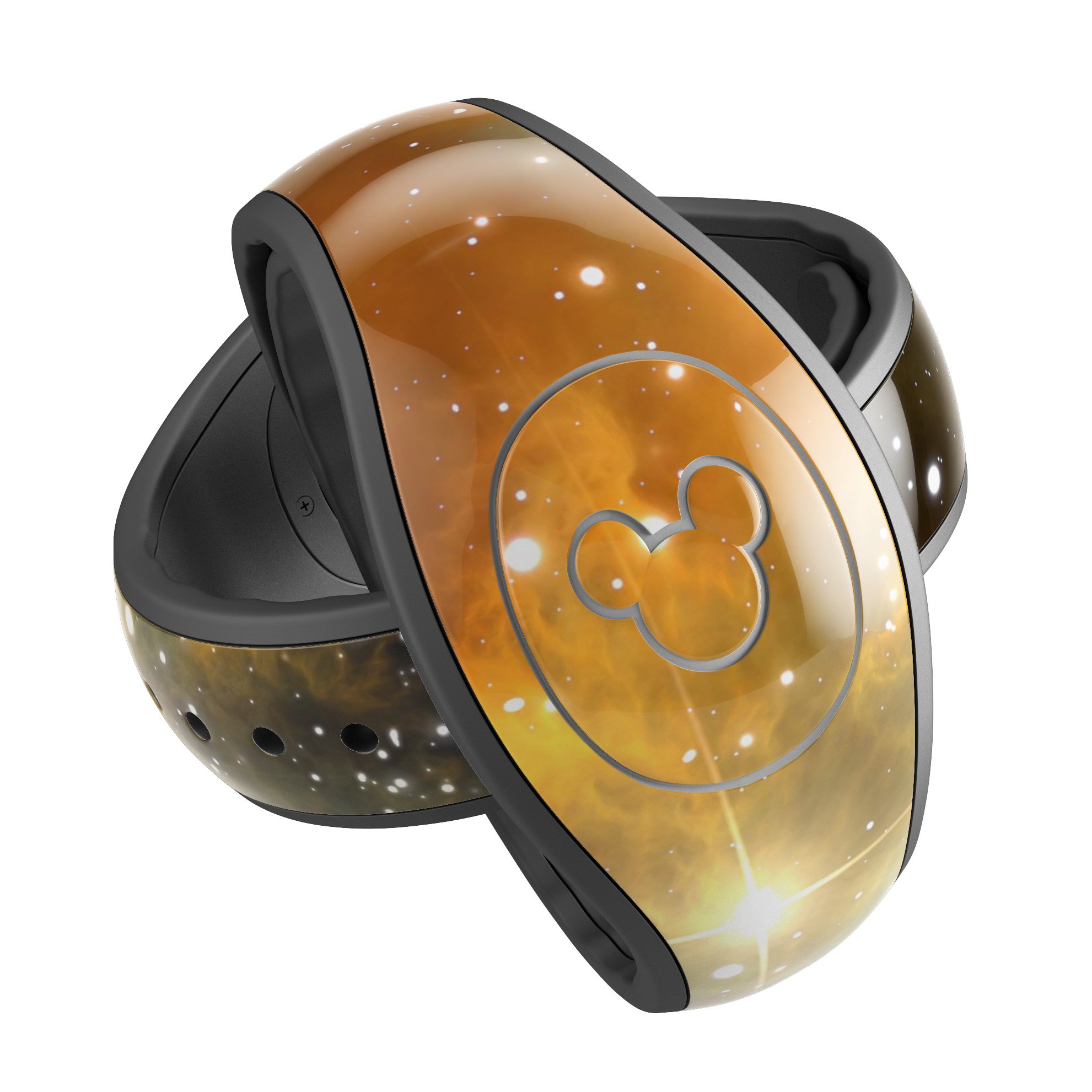 Glowing Gold & Black Nebula decal skin wrap kit for Disney Magic Band, showcasing a vibrant and stylish design.