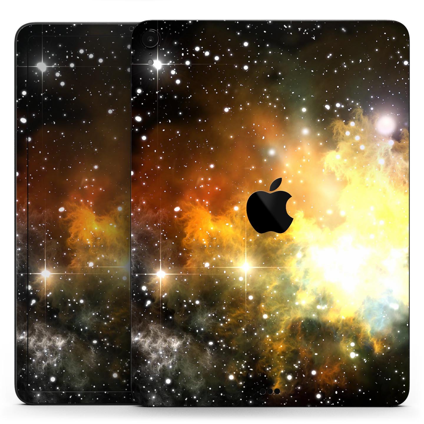 Glowing Gold & Black Nebula skin decal for Apple iPad, showcasing vibrant colors and a sleek design.