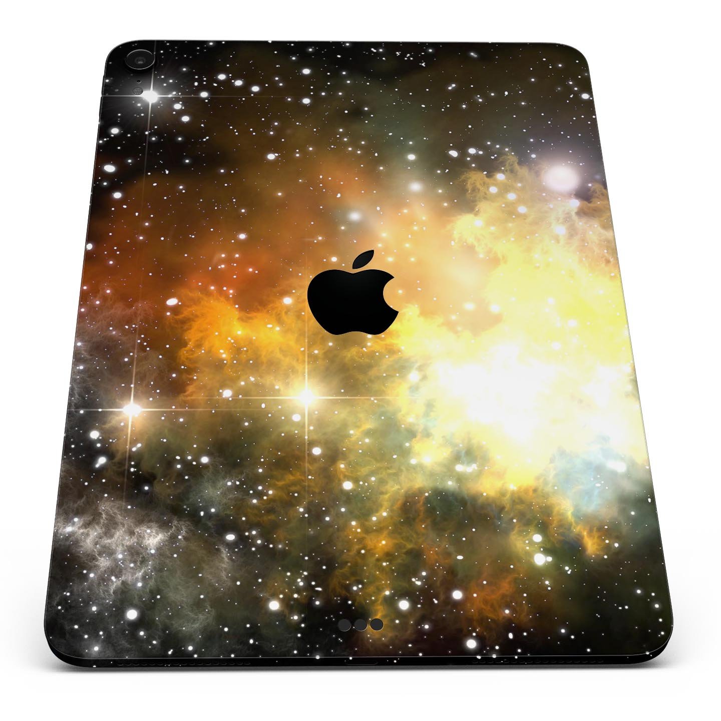 Glowing Gold & Black Nebula skin decal for Apple iPad, showcasing vibrant colors and a sleek design.