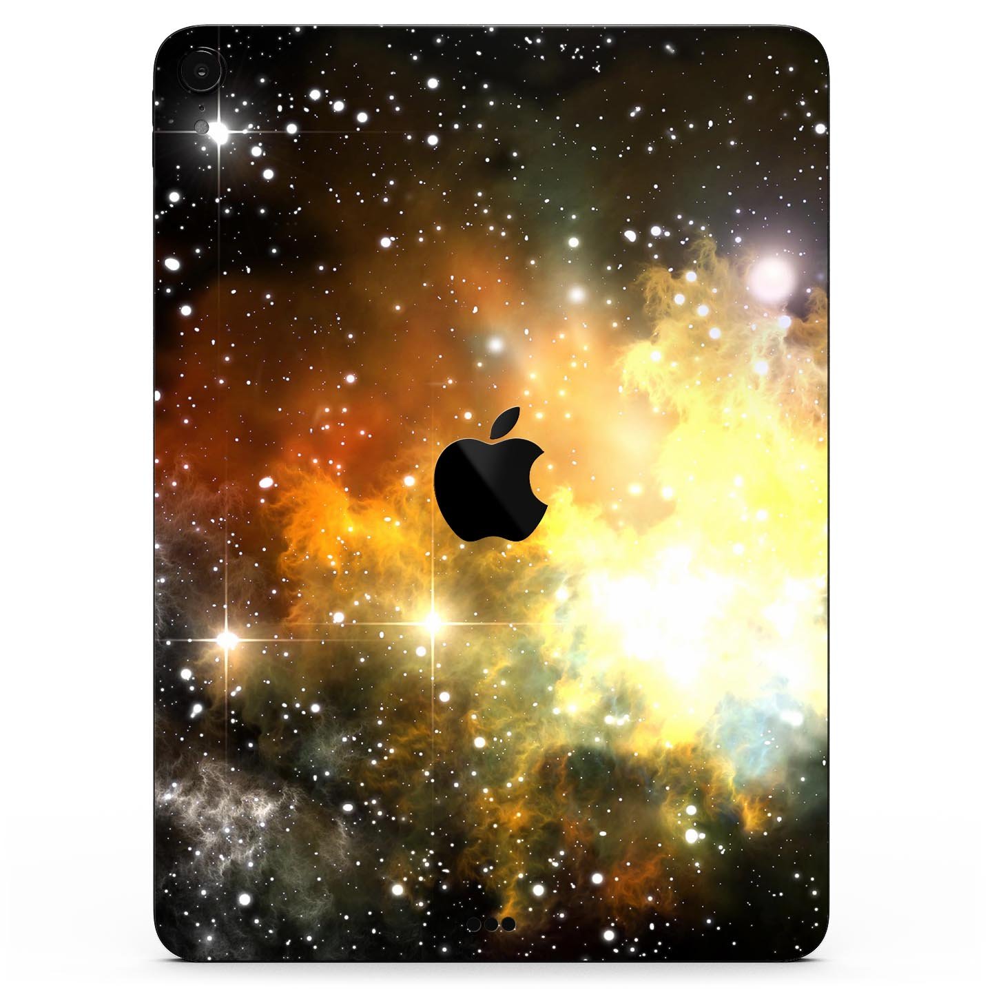 Glowing Gold & Black Nebula skin decal for Apple iPad, showcasing vibrant colors and a sleek design.