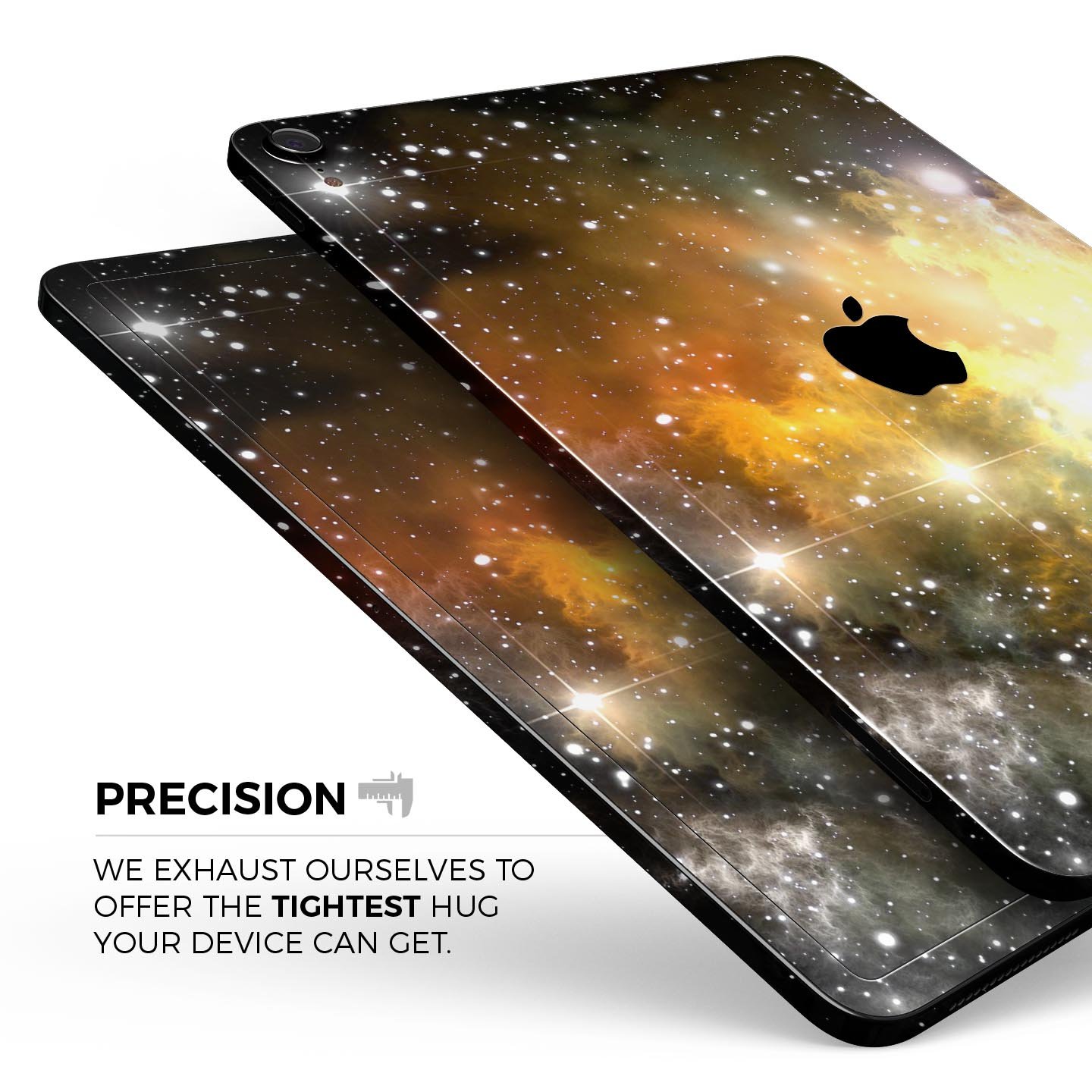 Glowing Gold & Black Nebula skin decal for Apple iPad, showcasing vibrant colors and a sleek design.