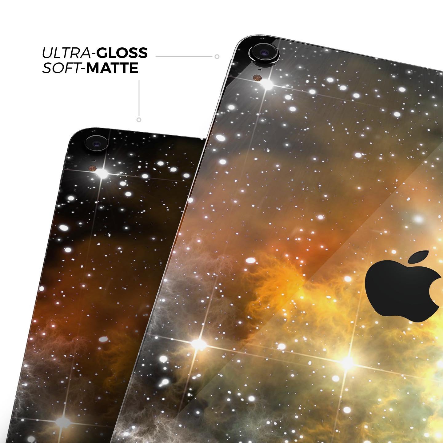 Glowing Gold & Black Nebula skin decal for Apple iPad, showcasing vibrant colors and a sleek design.