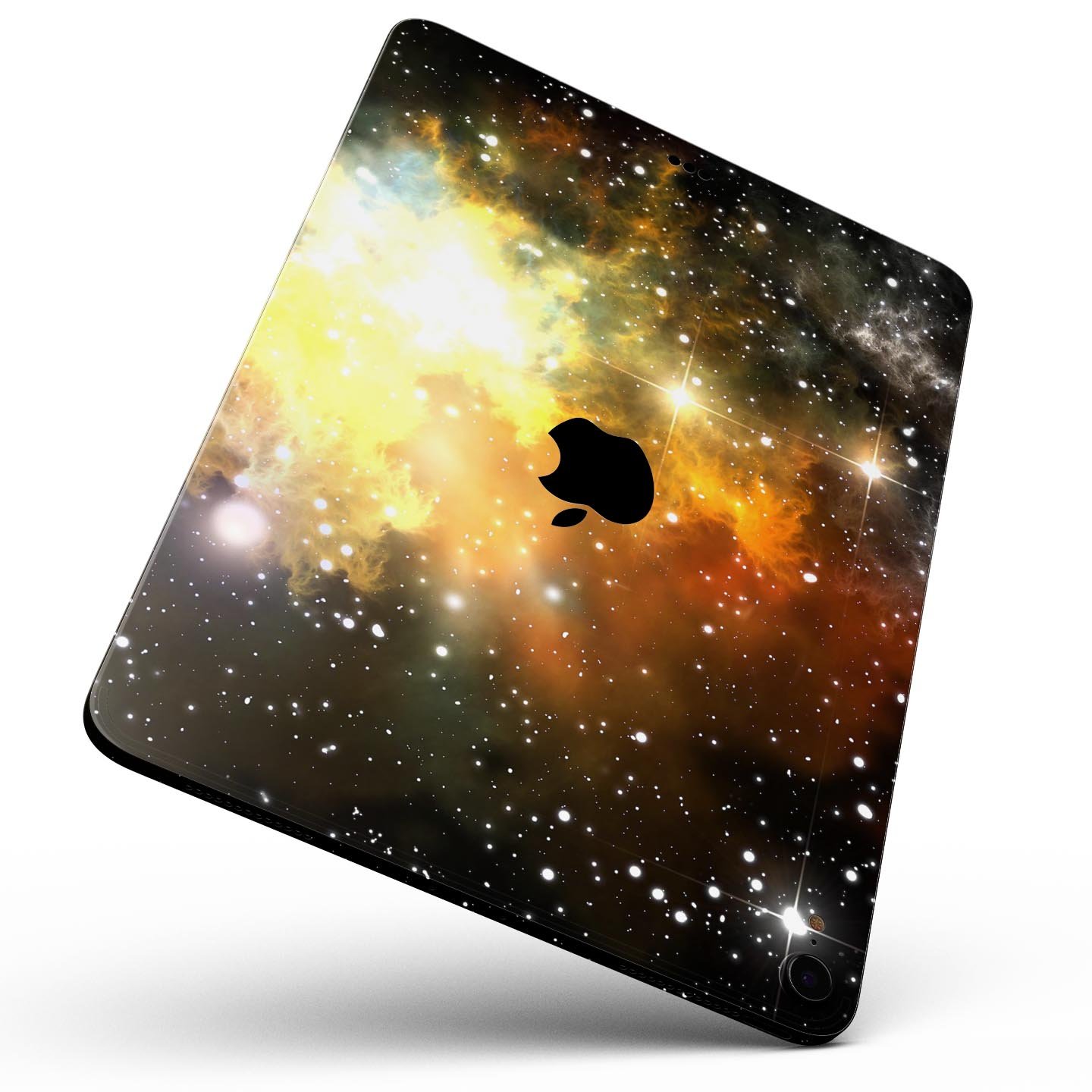 Glowing Gold & Black Nebula skin decal for Apple iPad, showcasing vibrant colors and a sleek design.