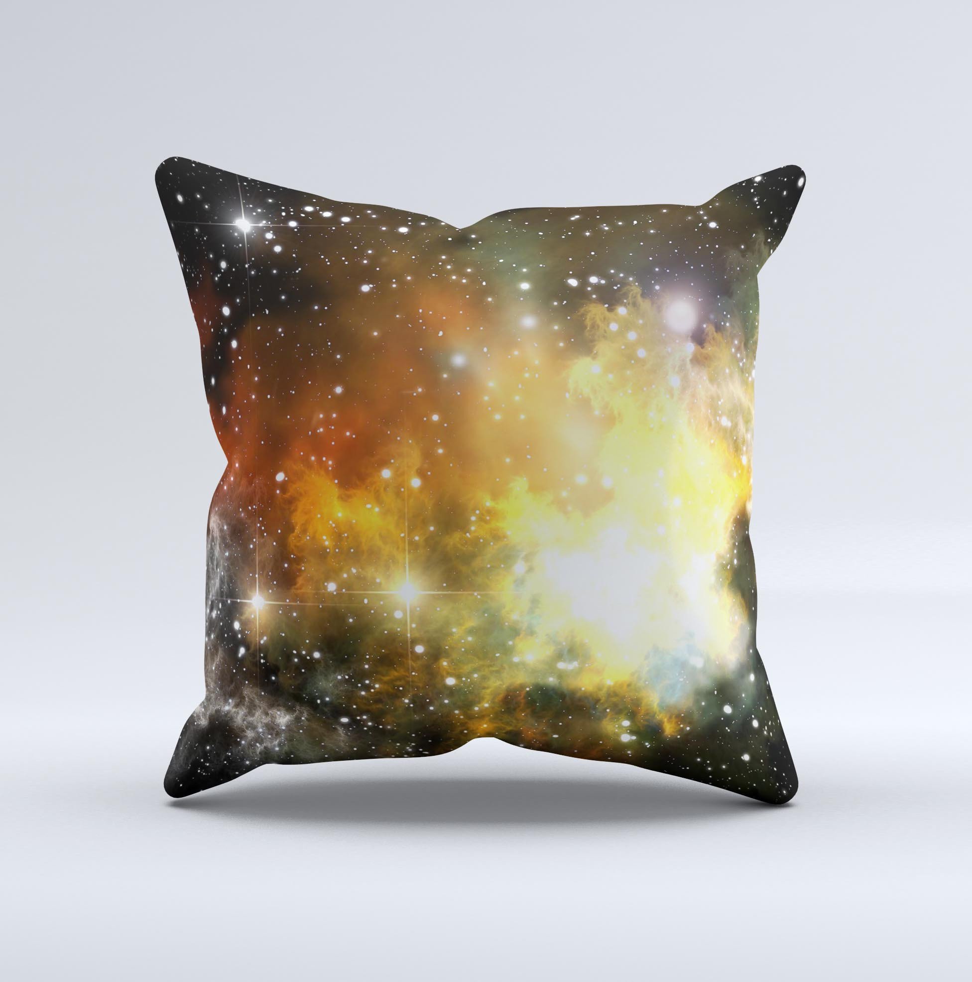 Glowing Gold Black Nebula Ink-Fuzed Decorative Throw Pillow showcasing a unique nebula design with gold accents on a black background.