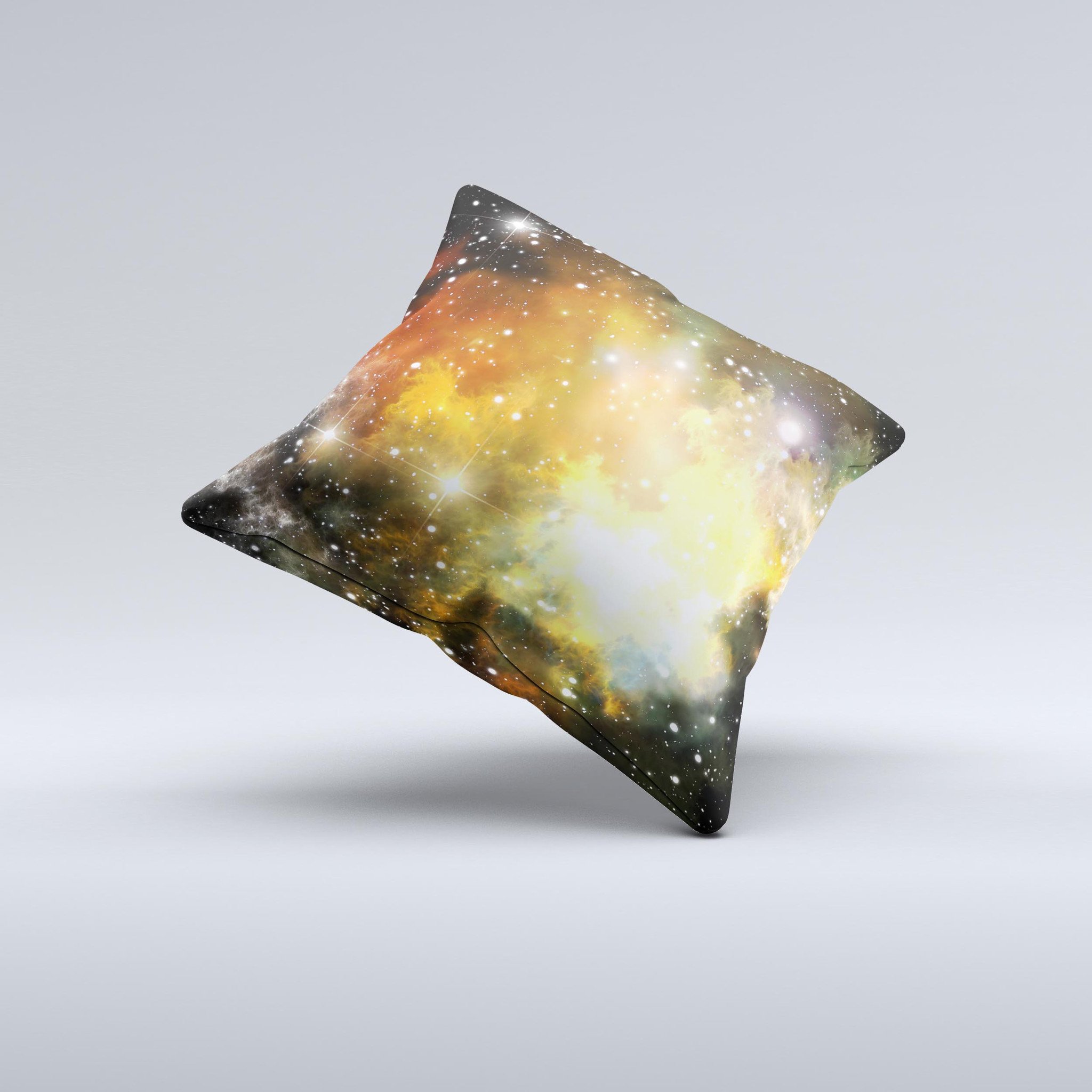 Glowing Gold Black Nebula Ink-Fuzed Decorative Throw Pillow showcasing a unique nebula design with gold accents on a black background.