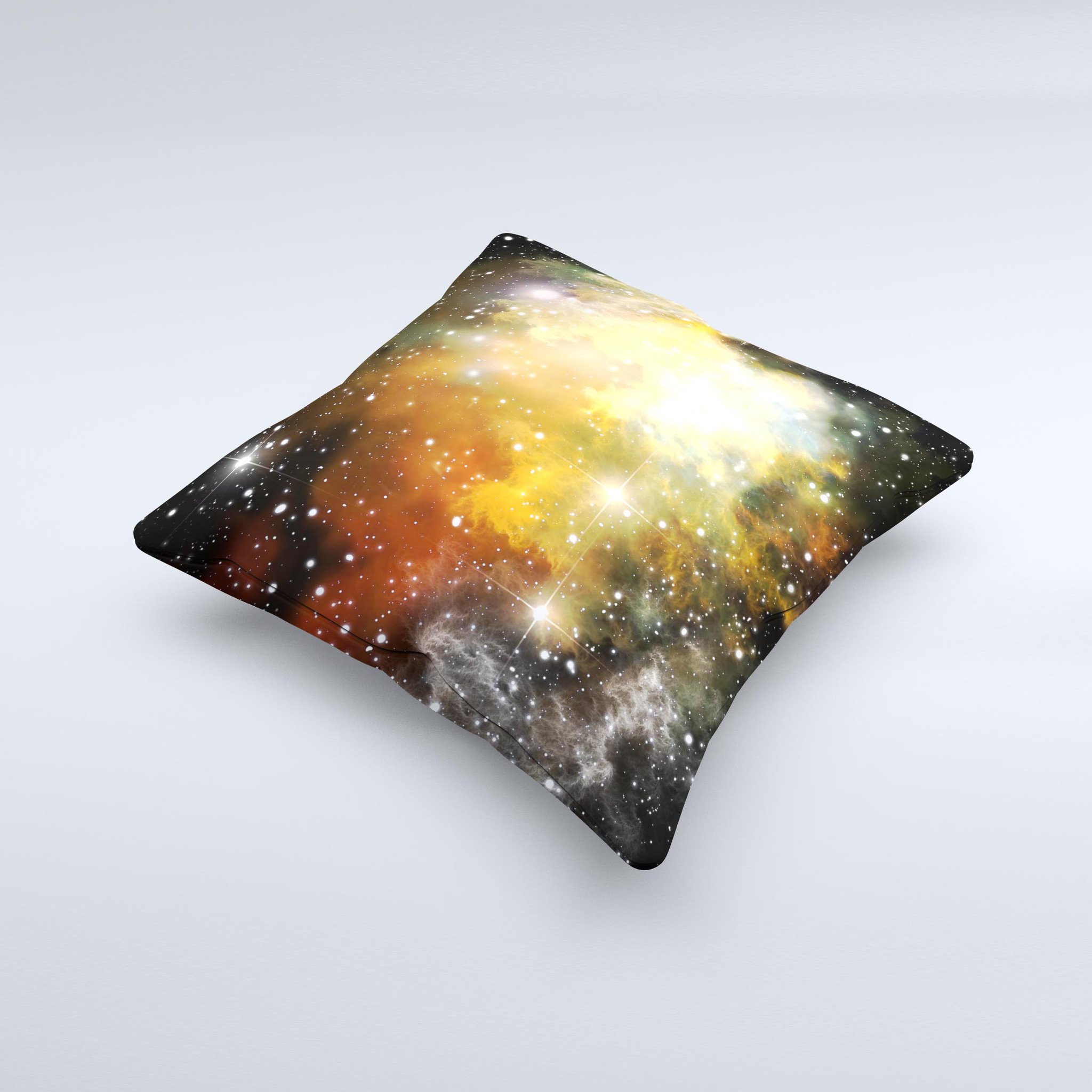 Glowing Gold Black Nebula Ink-Fuzed Decorative Throw Pillow showcasing a unique nebula design with gold accents on a black background.