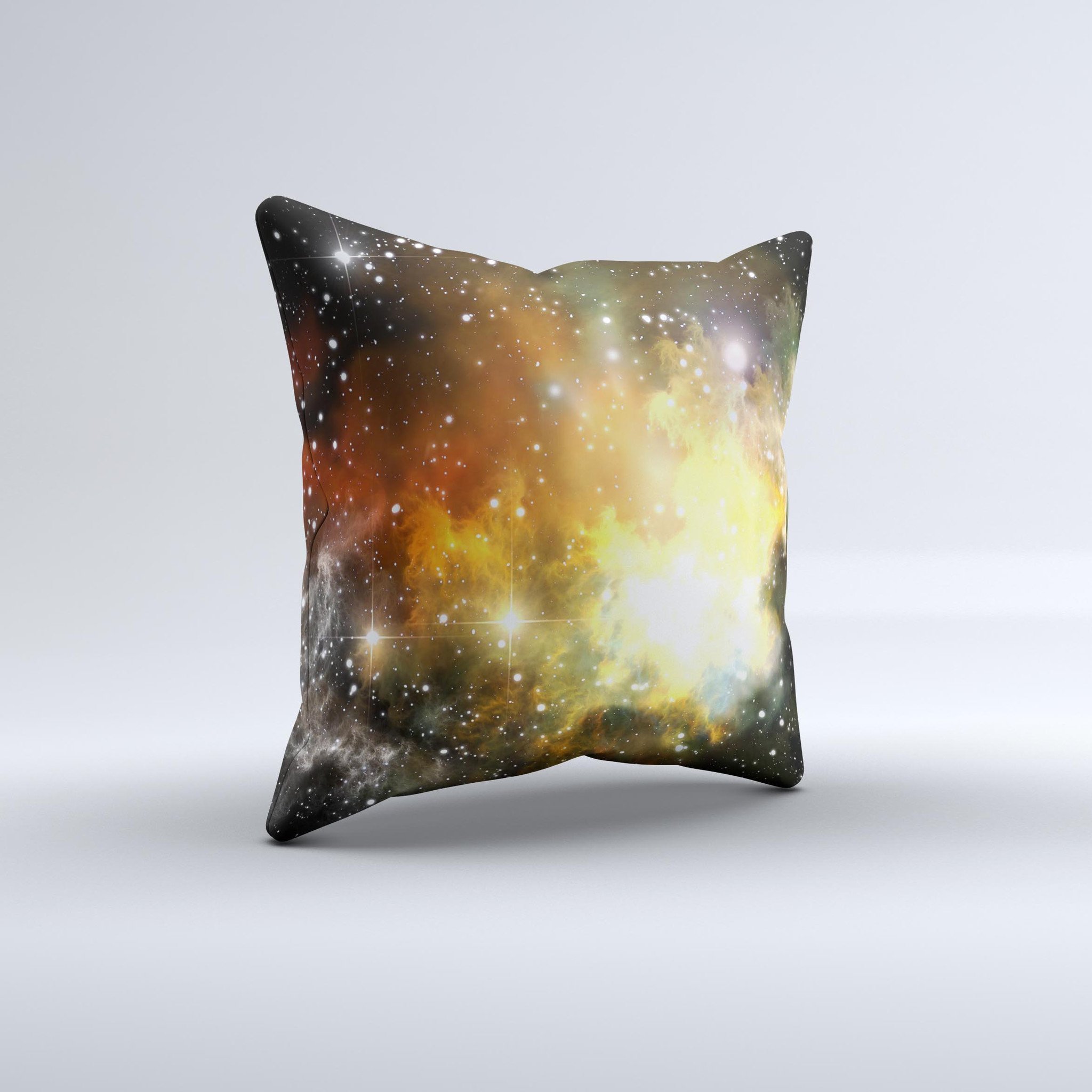 Glowing Gold Black Nebula Ink-Fuzed Decorative Throw Pillow showcasing a unique nebula design with gold accents on a black background.