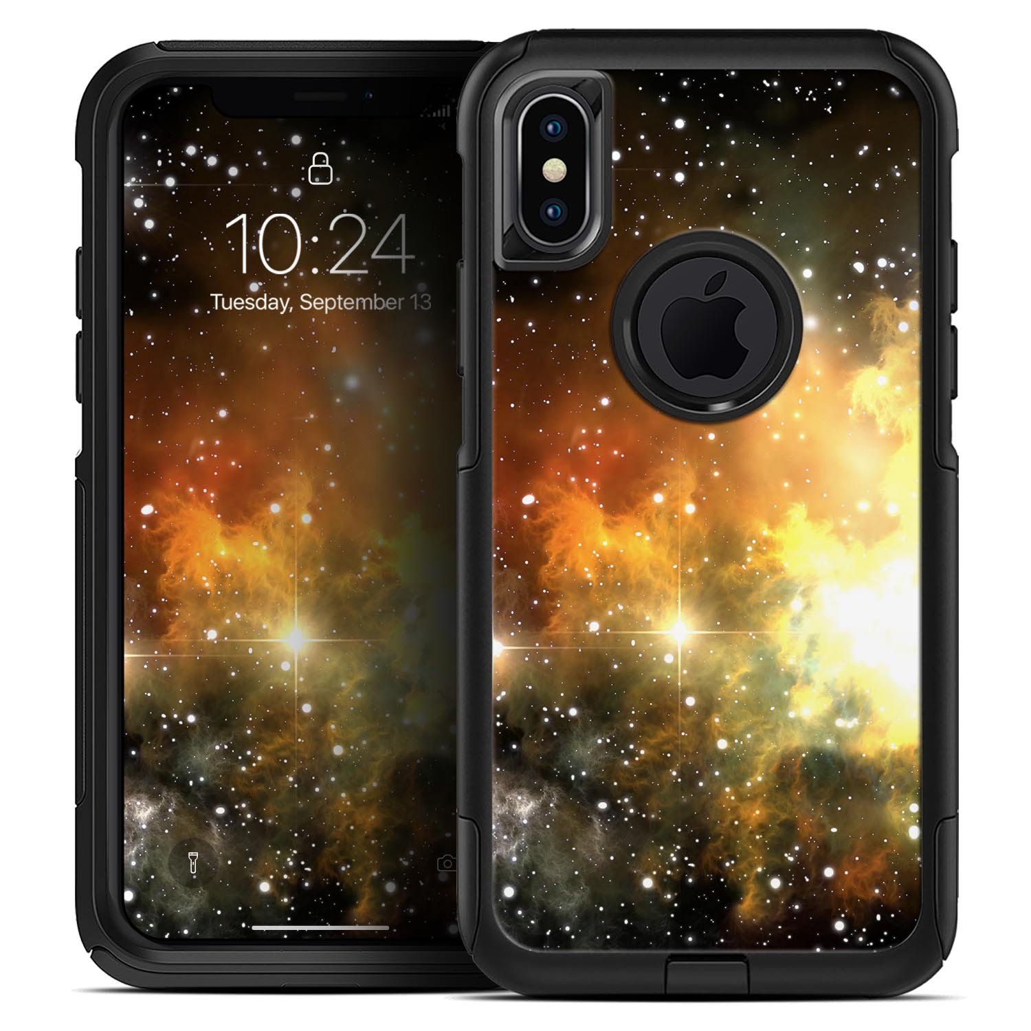 Glowing Gold & Black Nebula Skin Kit for iPhone OtterBox Cases, featuring a vibrant nebula design with gold and black colors.