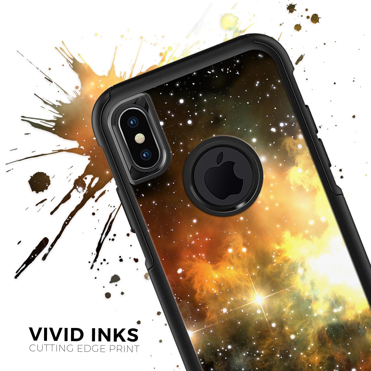 Glowing Gold & Black Nebula Skin Kit for iPhone OtterBox Cases, featuring a vibrant nebula design with gold and black colors.