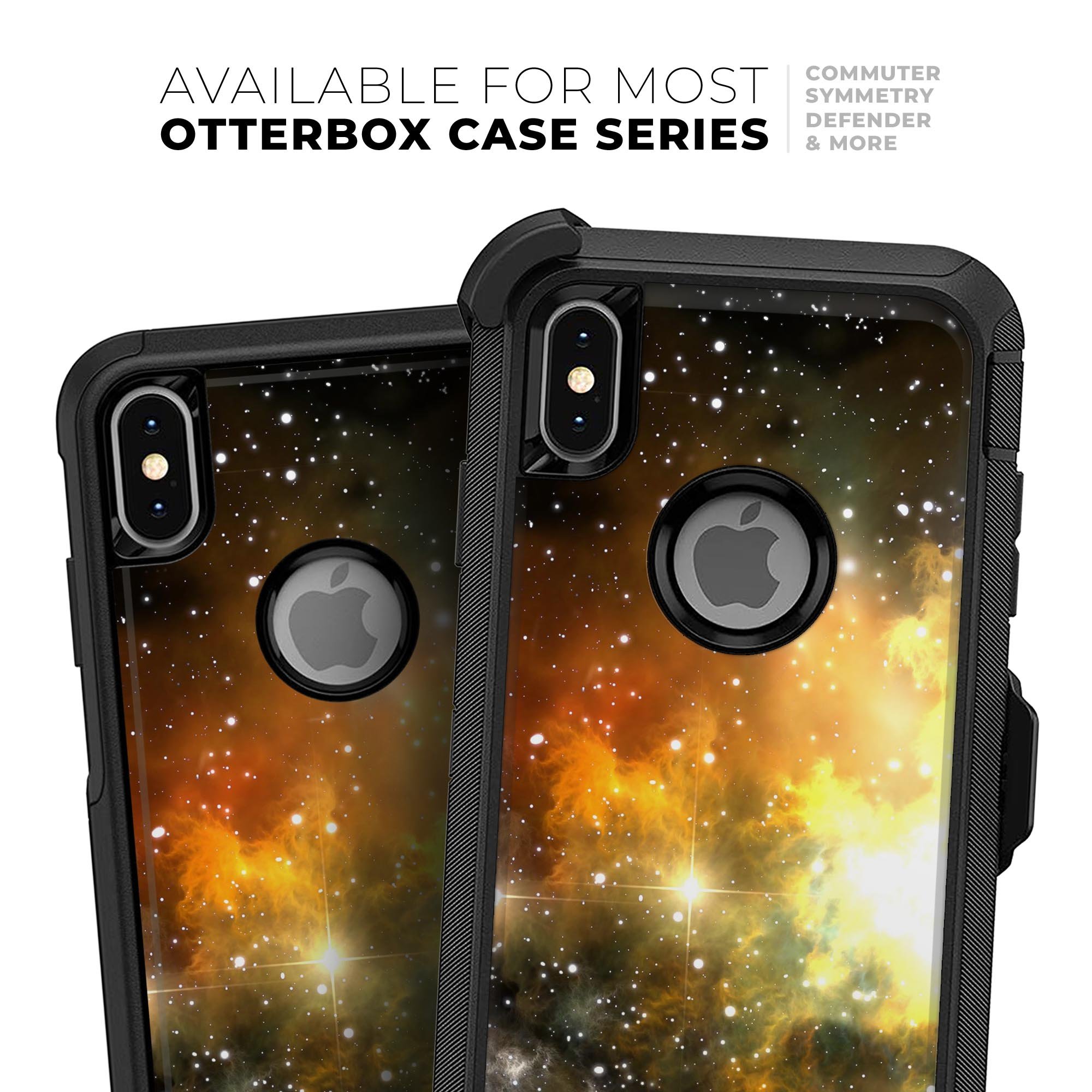 Glowing Gold & Black Nebula Skin Kit for iPhone OtterBox Cases, featuring a vibrant nebula design with gold and black colors.