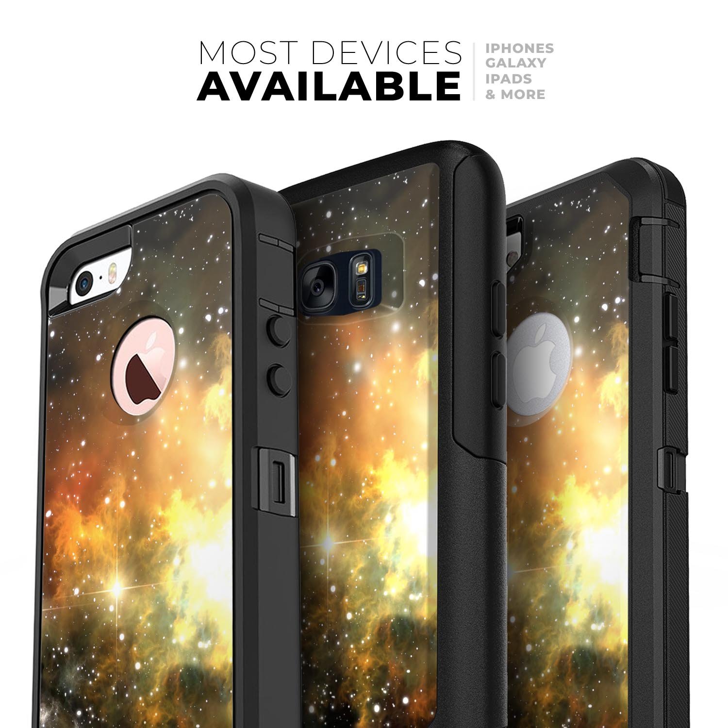 Glowing Gold & Black Nebula Skin Kit for iPhone OtterBox Cases, featuring a vibrant nebula design with gold and black colors.