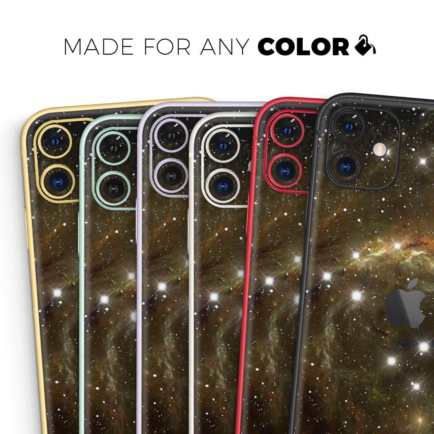 Glowing Gold Universe Skin-Kit for Apple iPhone 13, showcasing a vibrant gold design with a premium vinyl finish.