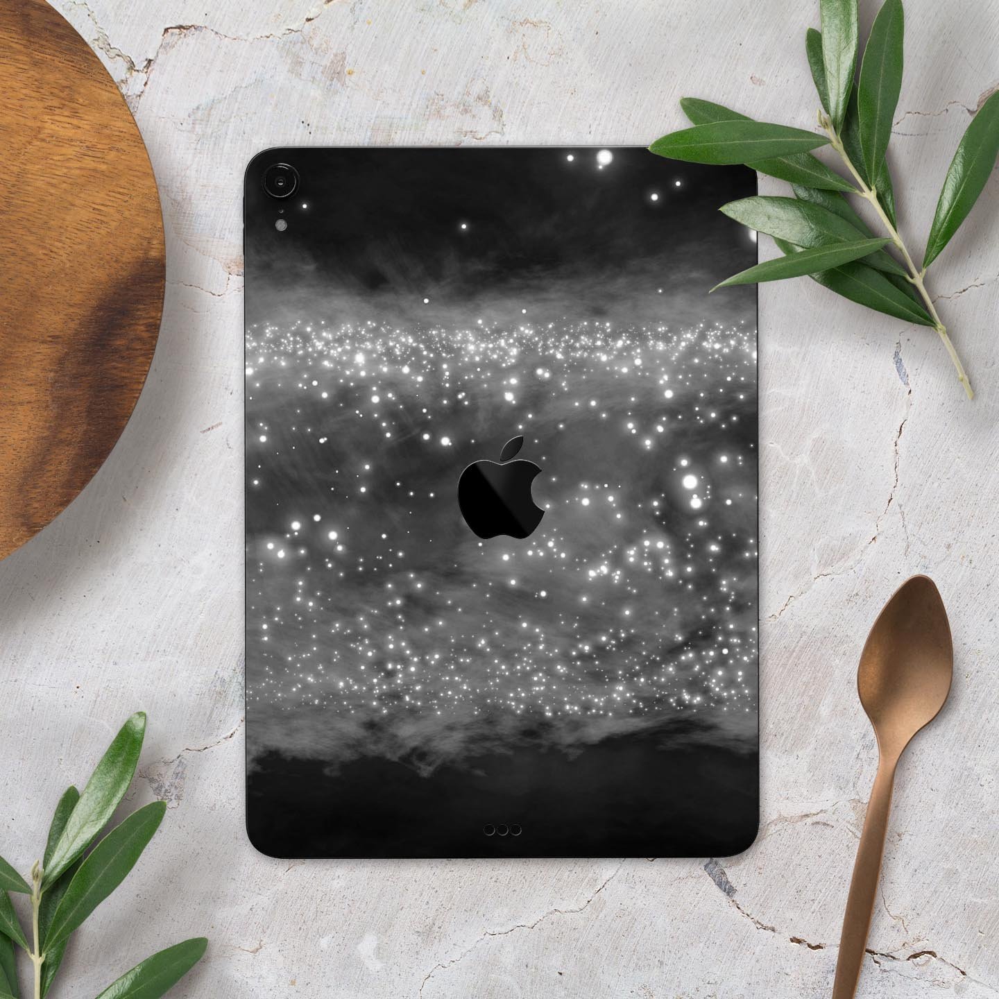 Glowing Grayscale Orbs of Light skin decal for Apple devices, showcasing a stylish design with premium finish.