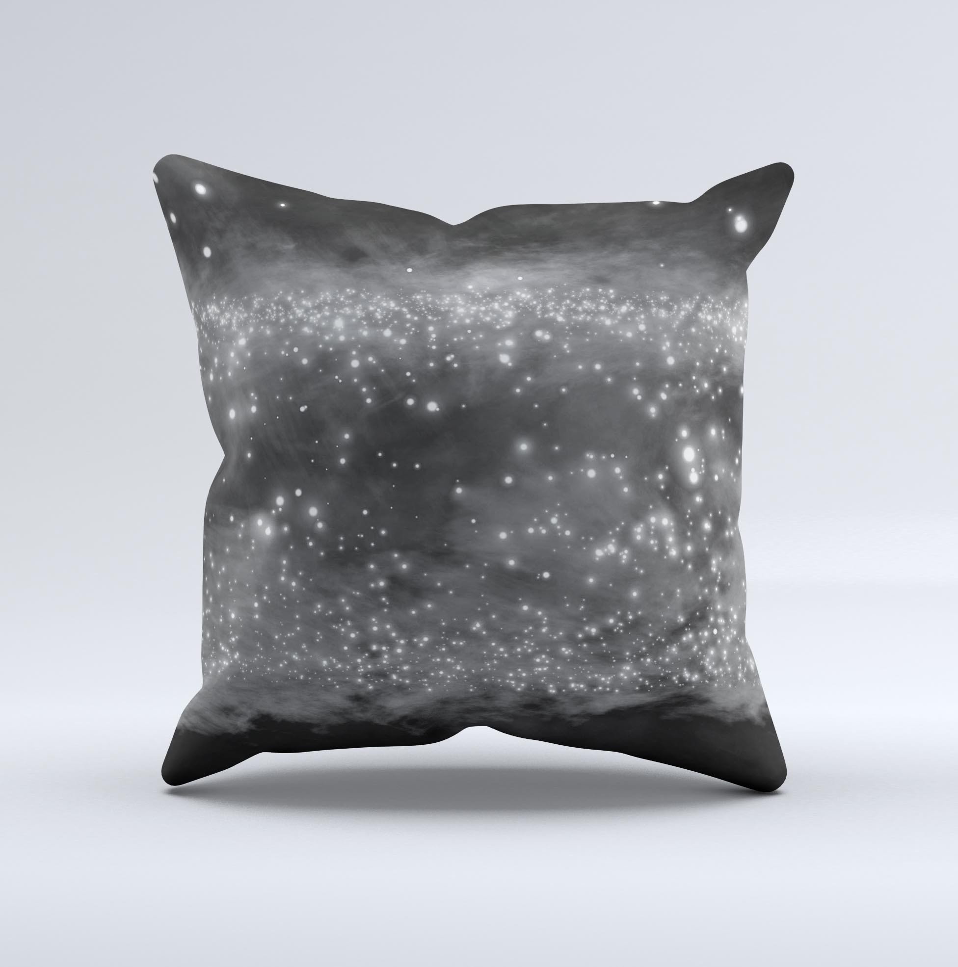 A decorative throw pillow featuring glowing grayscale orbs of light, handcrafted with high-quality fabric and unique designs.