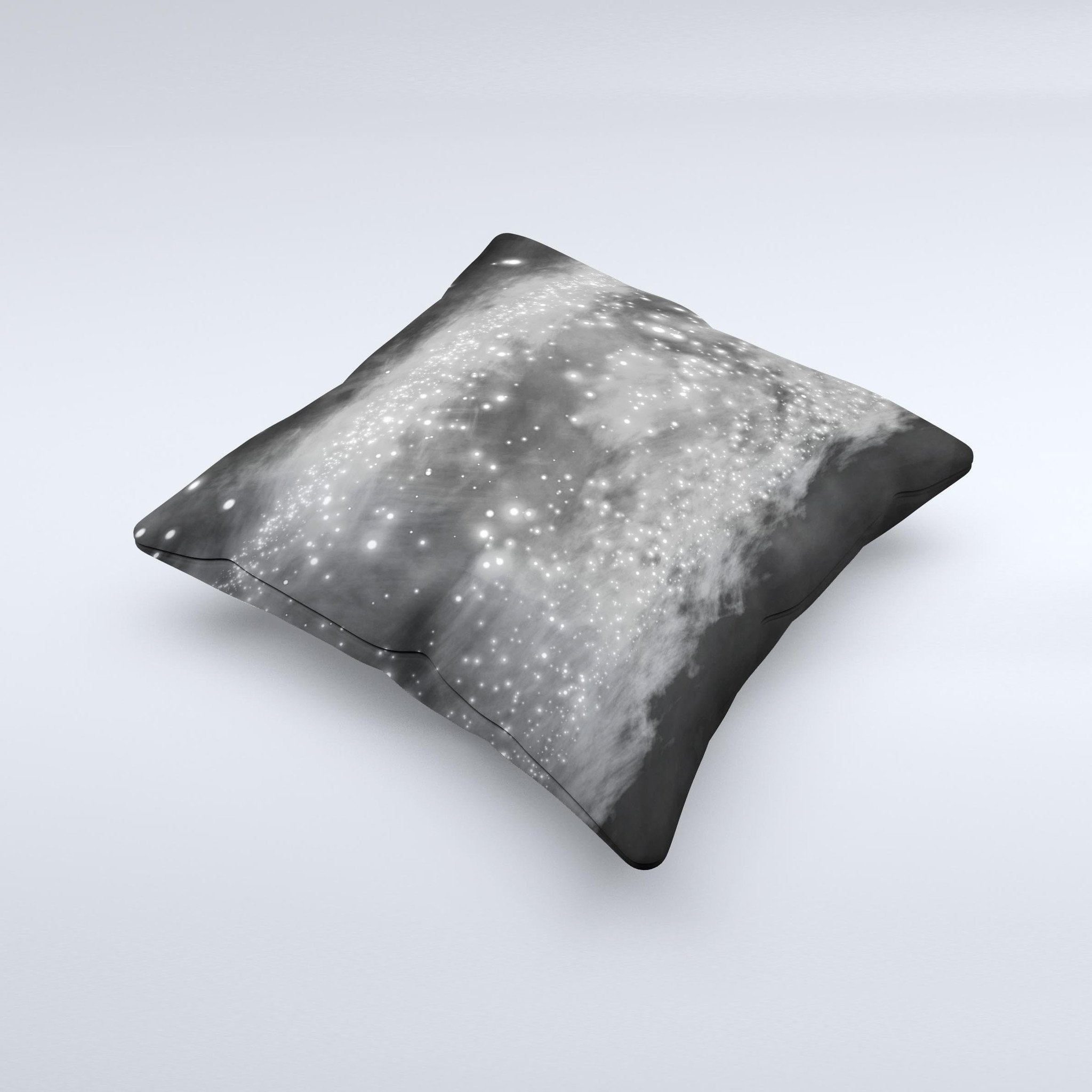 A decorative throw pillow featuring glowing grayscale orbs of light, handcrafted with high-quality fabric and unique designs.