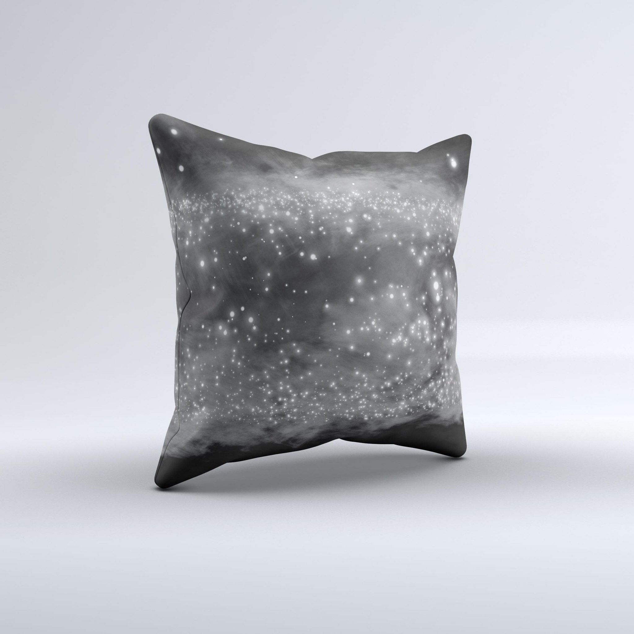 A decorative throw pillow featuring glowing grayscale orbs of light, handcrafted with high-quality fabric and unique designs.