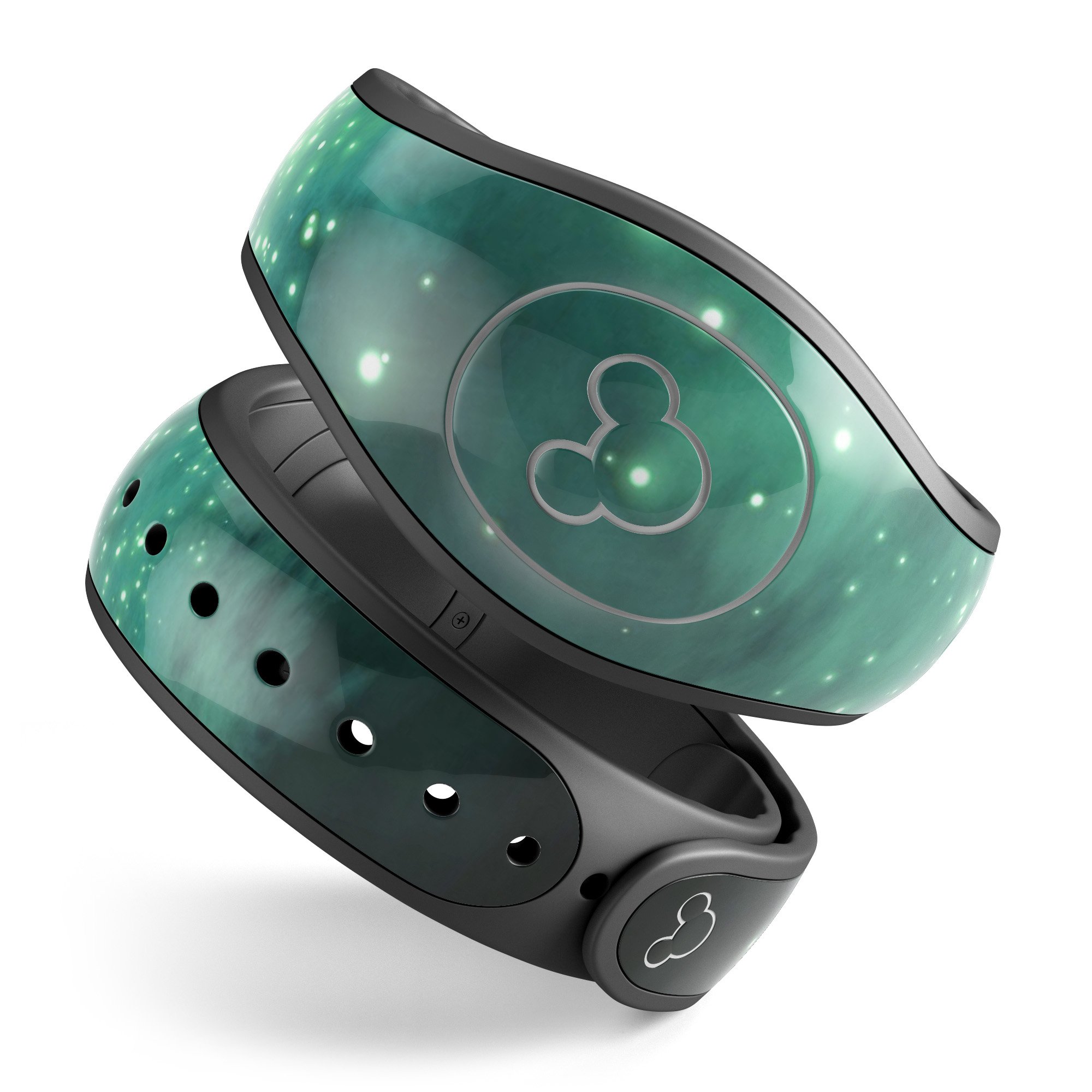 Glowing Green Orbs of Light decal skin wrap kit for Disney Magic Band, showcasing vibrant green orbs on a sleek surface.