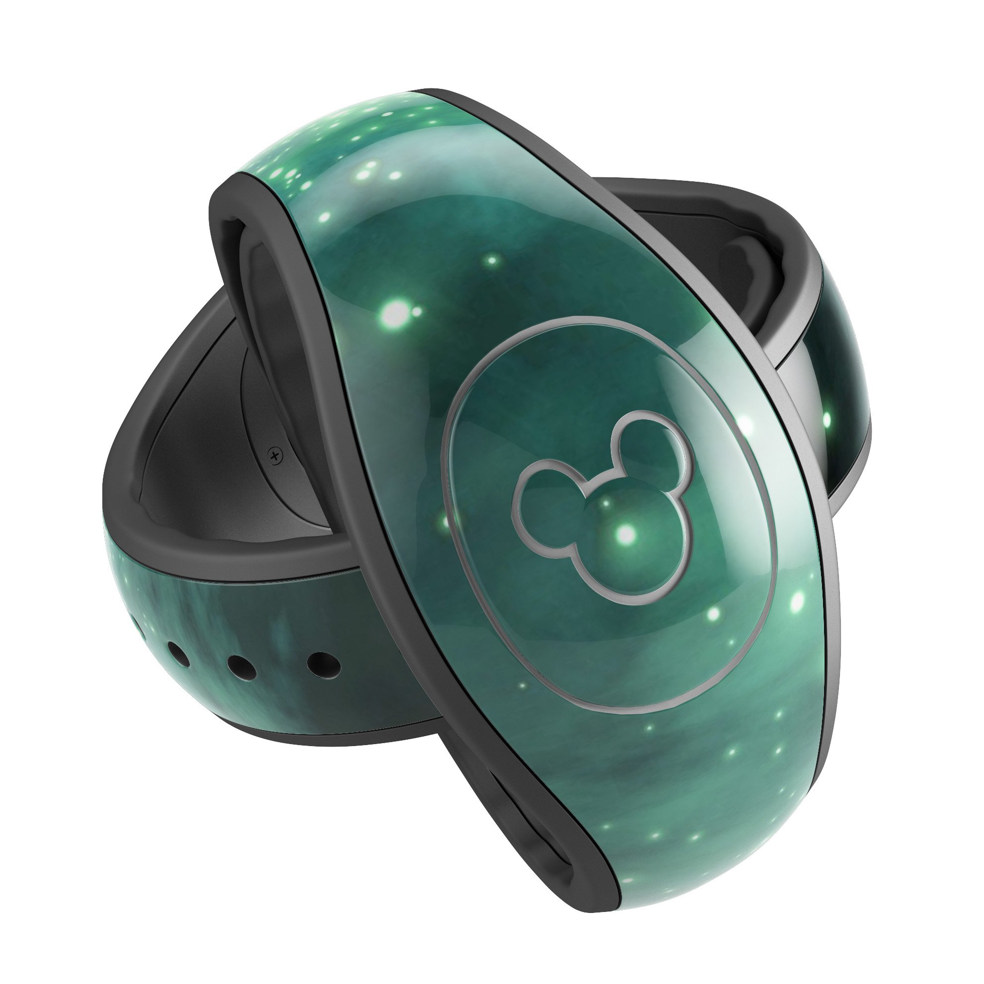 Glowing Green Orbs of Light decal skin wrap kit for Disney Magic Band, showcasing vibrant green orbs on a sleek surface.