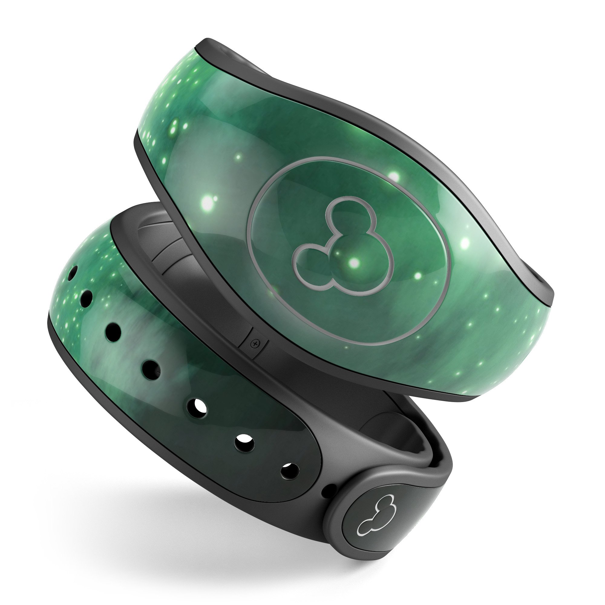 Glowing Green V2 Orbs of Light decal skin wrap kit for Disney Magic Band, showcasing vibrant green orbs on a sleek design.