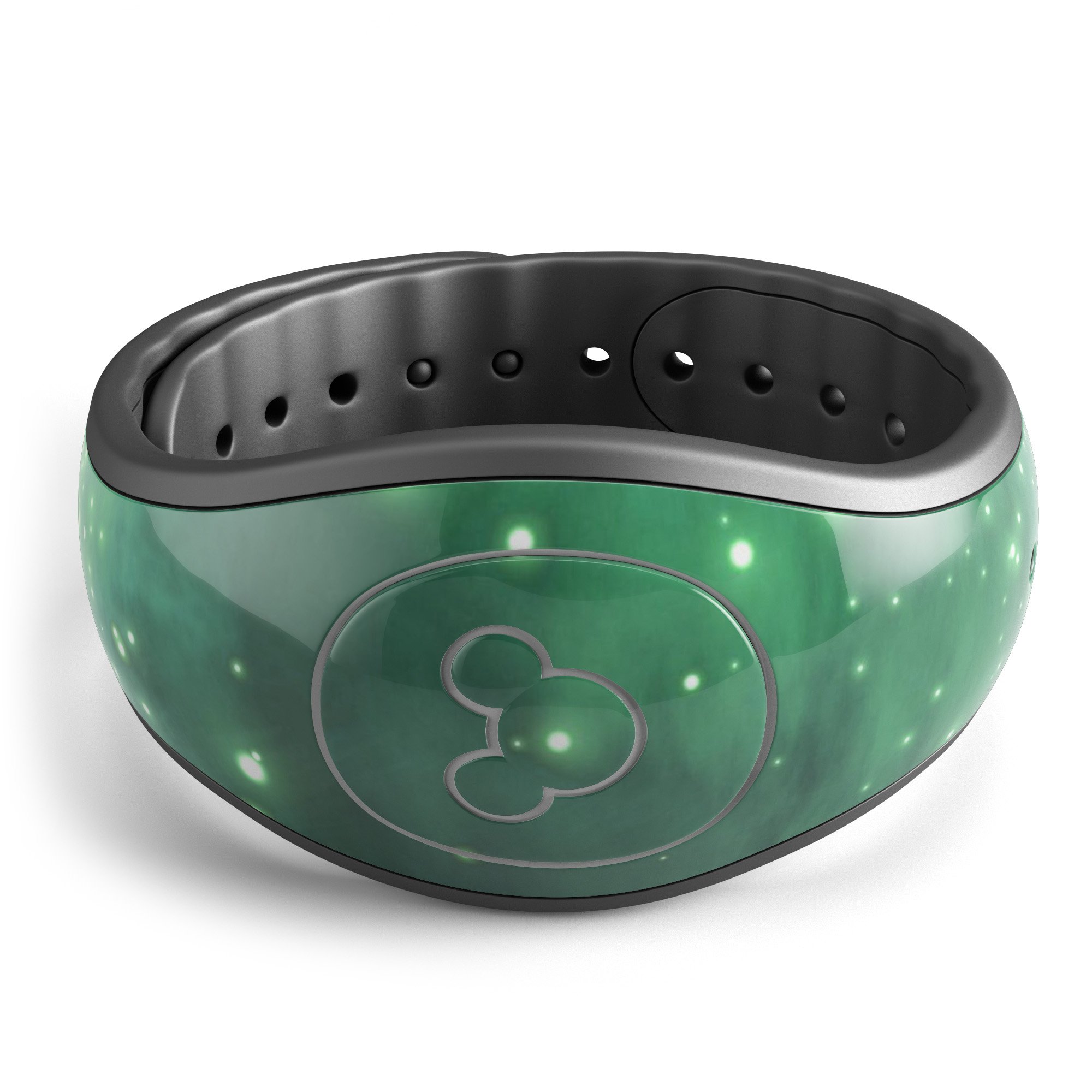 Glowing Green V2 Orbs of Light decal skin wrap kit for Disney Magic Band, showcasing vibrant green orbs on a sleek design.