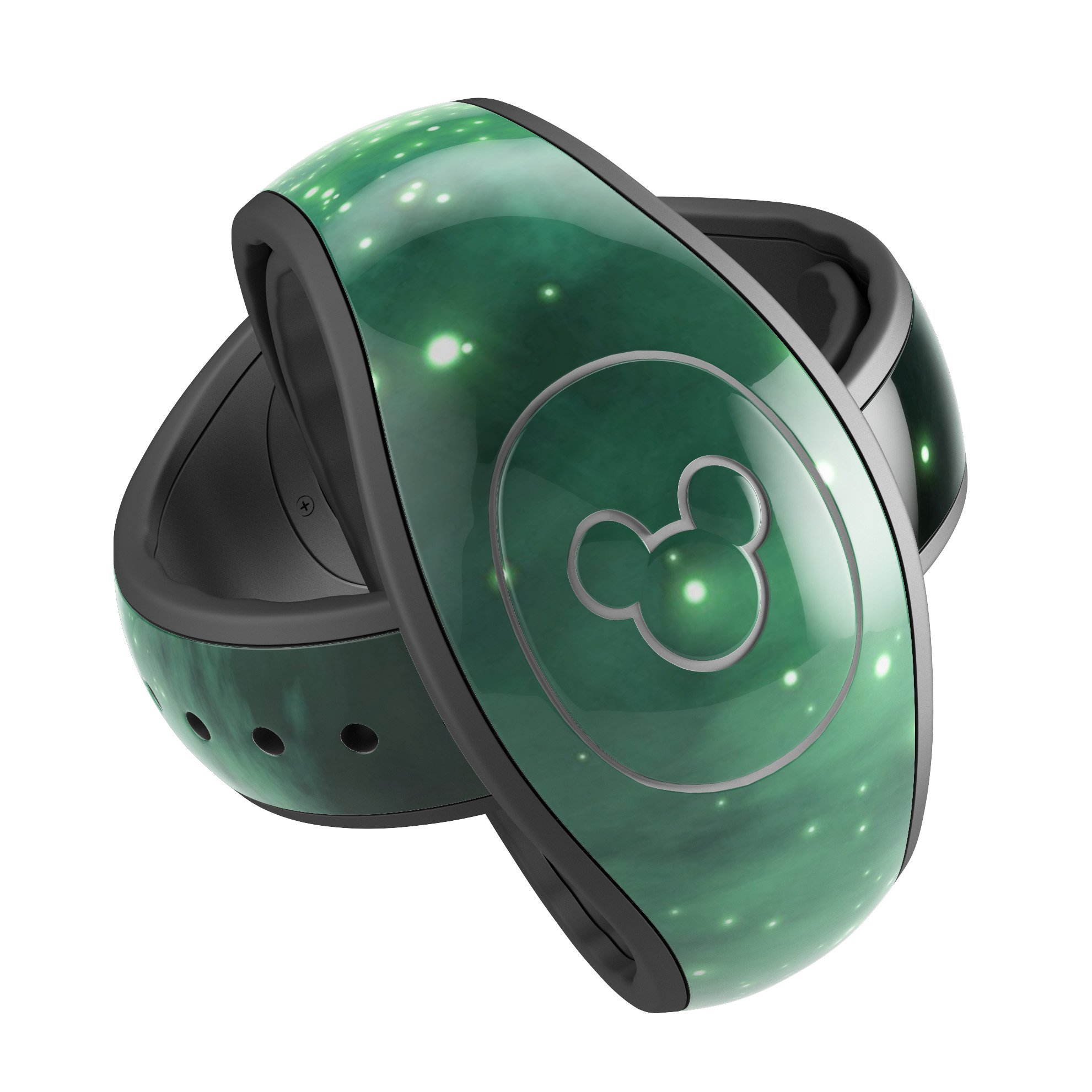 Glowing Green V2 Orbs of Light decal skin wrap kit for Disney Magic Band, showcasing vibrant green orbs on a sleek design.