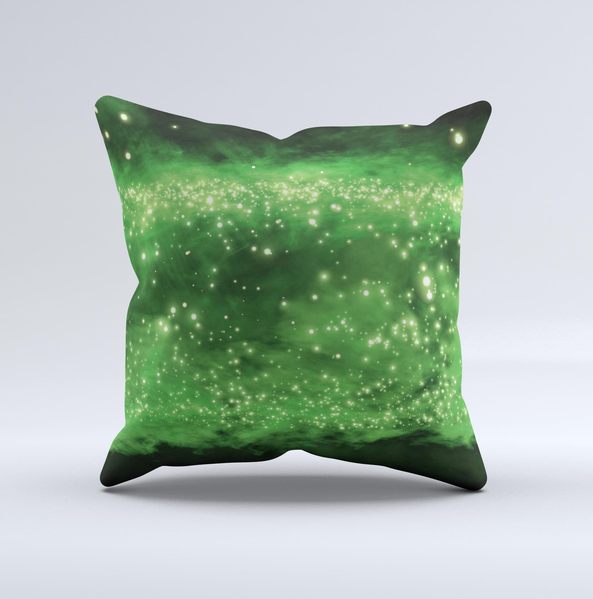 A vibrant lime green decorative throw pillow featuring glowing orbs of light, handcrafted in Virginia with high-quality fabric and unique design.