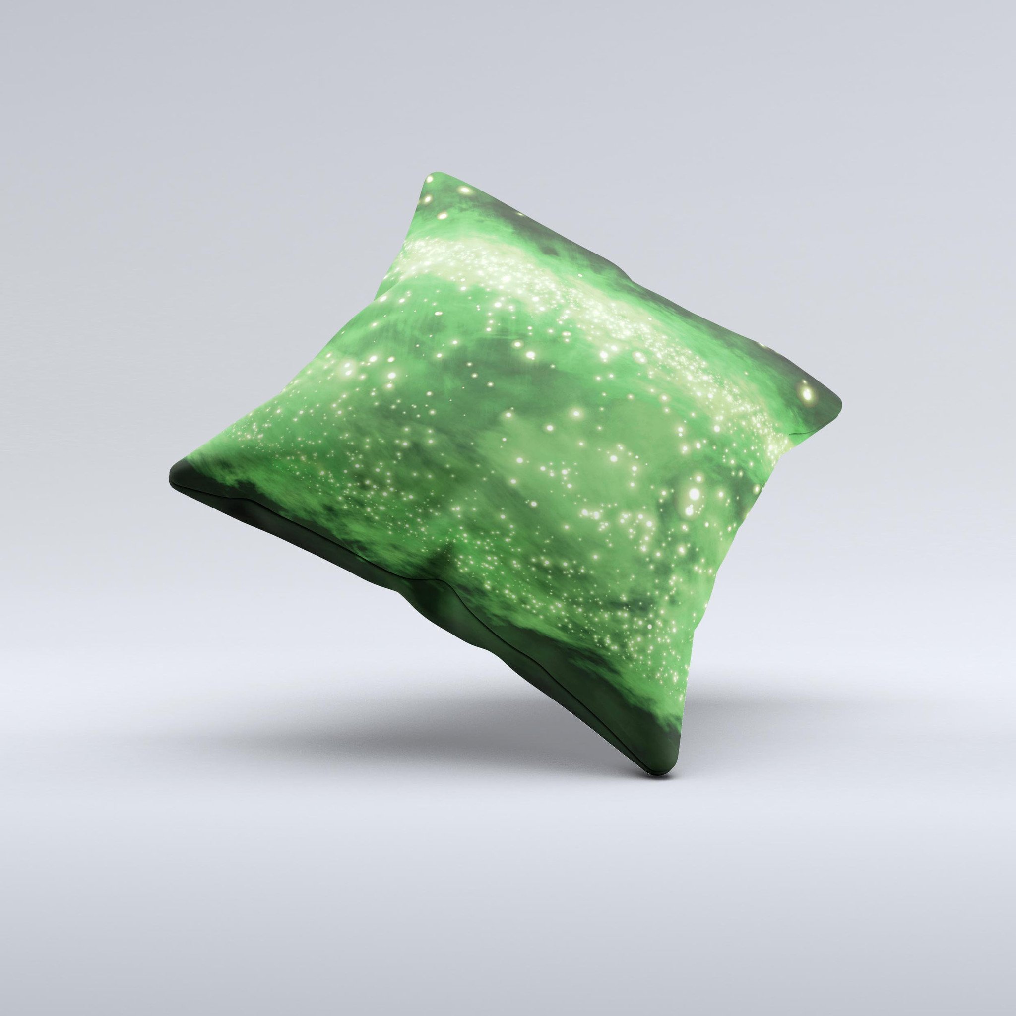 A vibrant lime green decorative throw pillow featuring glowing orbs of light, handcrafted in Virginia with high-quality fabric and unique design.