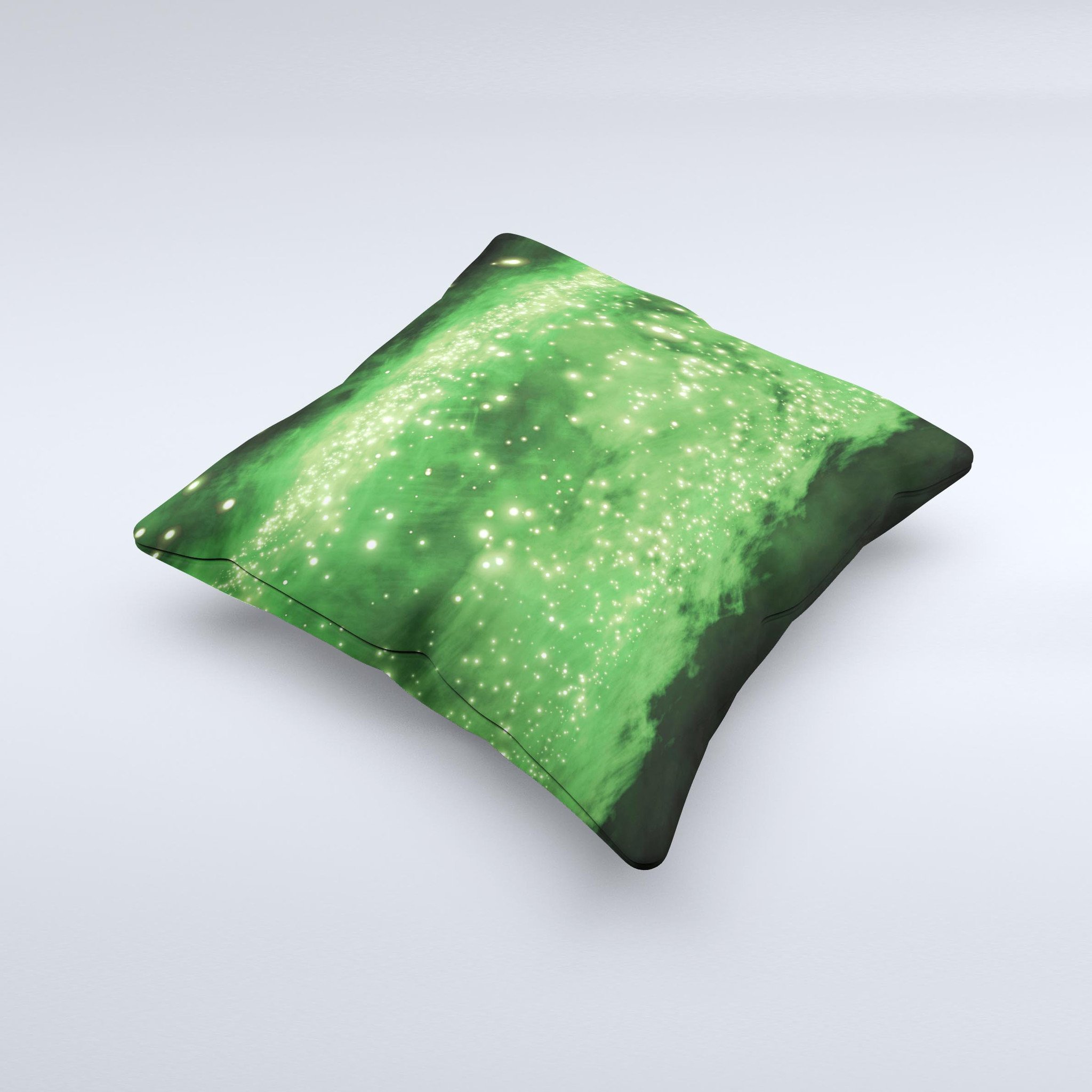 A vibrant lime green decorative throw pillow featuring glowing orbs of light, handcrafted in Virginia with high-quality fabric and unique design.