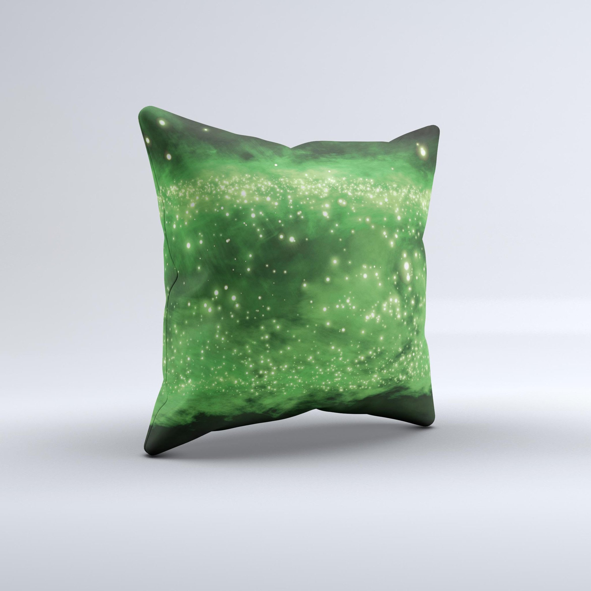 A vibrant lime green decorative throw pillow featuring glowing orbs of light, handcrafted in Virginia with high-quality fabric and unique design.