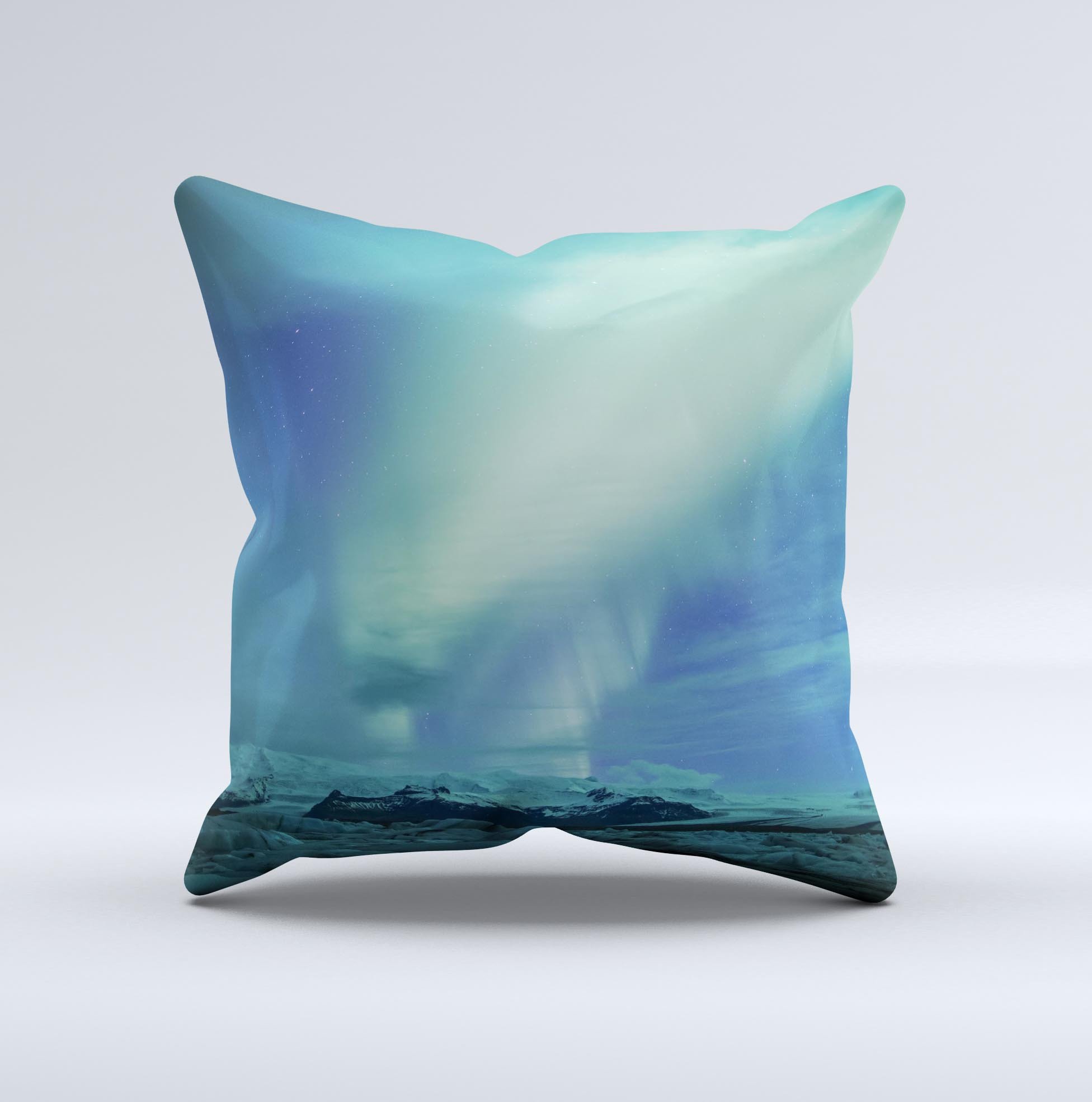 Glowing Northern Lights decorative throw pillow with vibrant colors and unique design, handcrafted in Virginia.