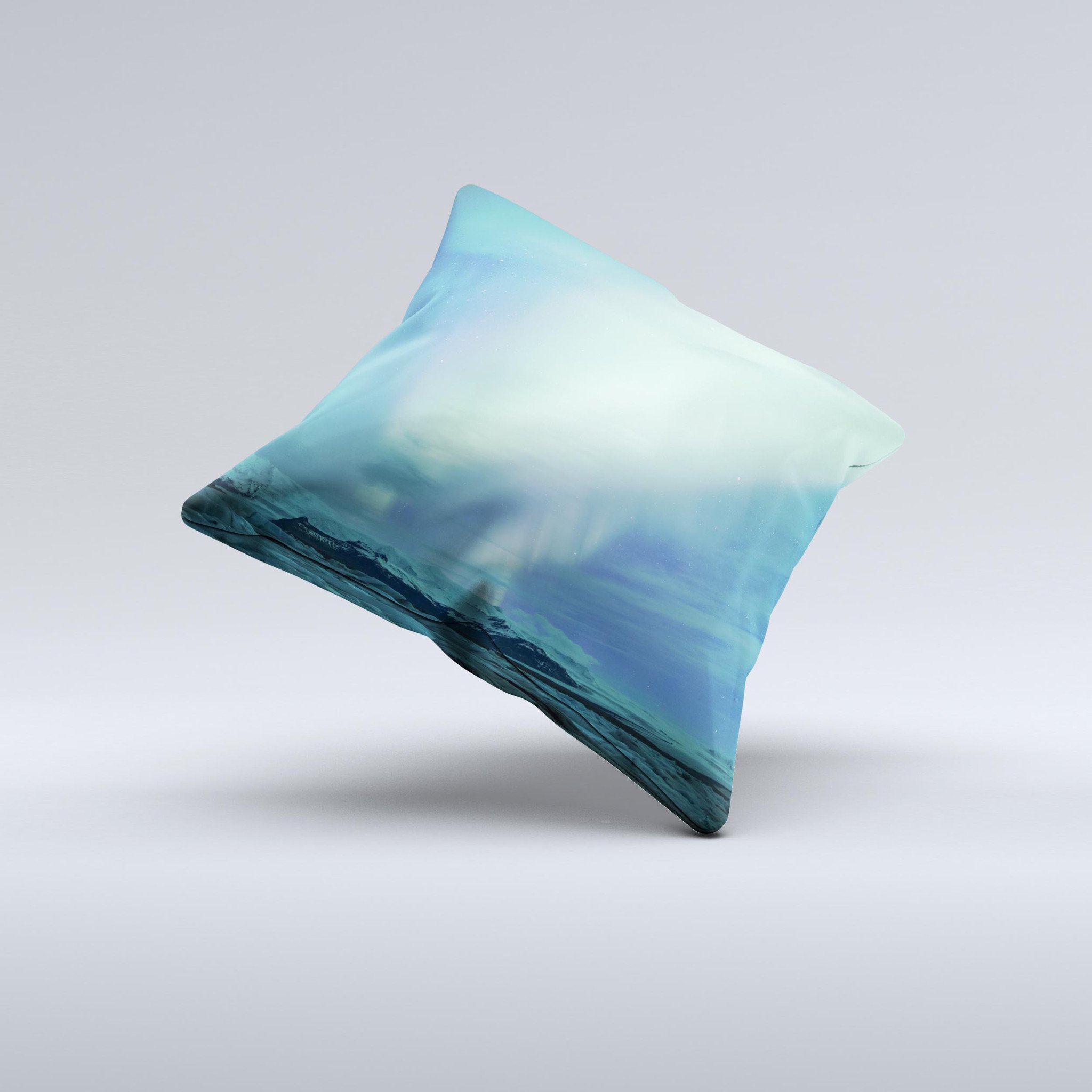 Glowing Northern Lights decorative throw pillow with vibrant colors and unique design, handcrafted in Virginia.