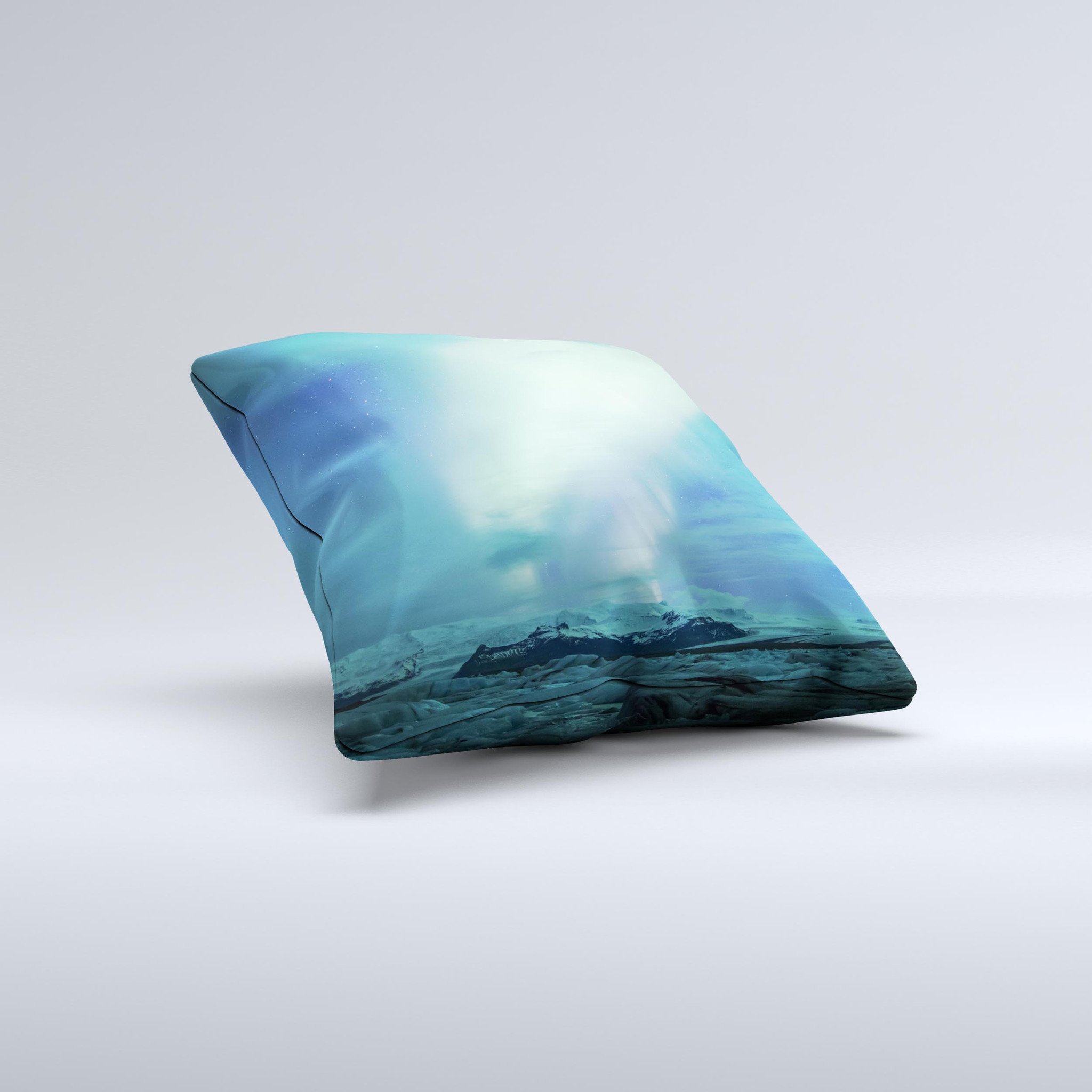 Glowing Northern Lights decorative throw pillow with vibrant colors and unique design, handcrafted in Virginia.