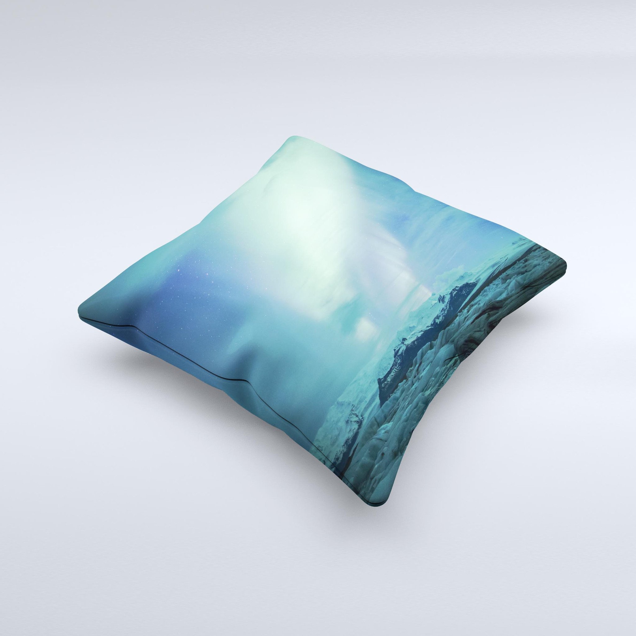 Glowing Northern Lights decorative throw pillow with vibrant colors and unique design, handcrafted in Virginia.