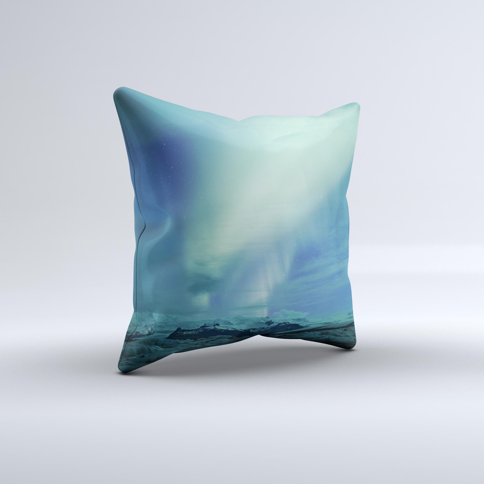 Glowing Northern Lights decorative throw pillow with vibrant colors and unique design, handcrafted in Virginia.