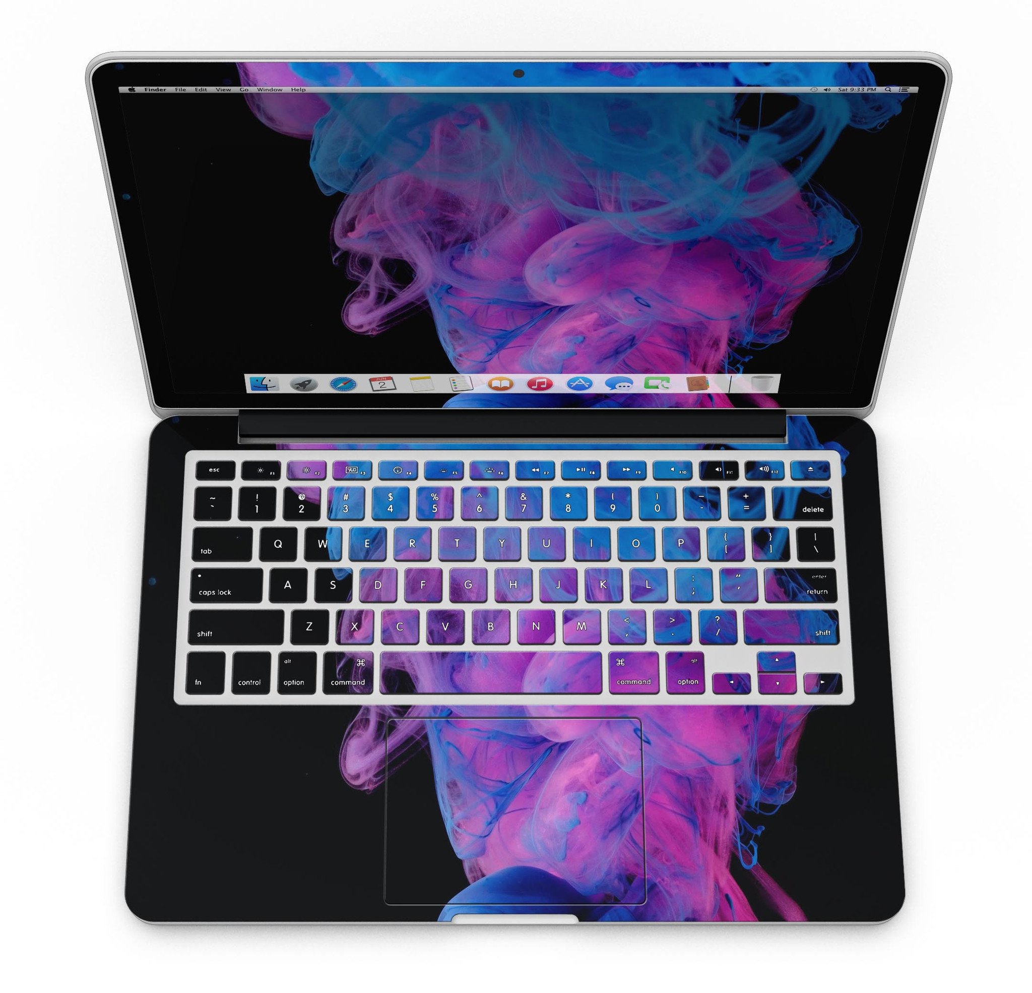 Glowing Pink and Blue CloudSwirl skin for MacBook Pro with Retina Display, showcasing vibrant colors and sleek design.